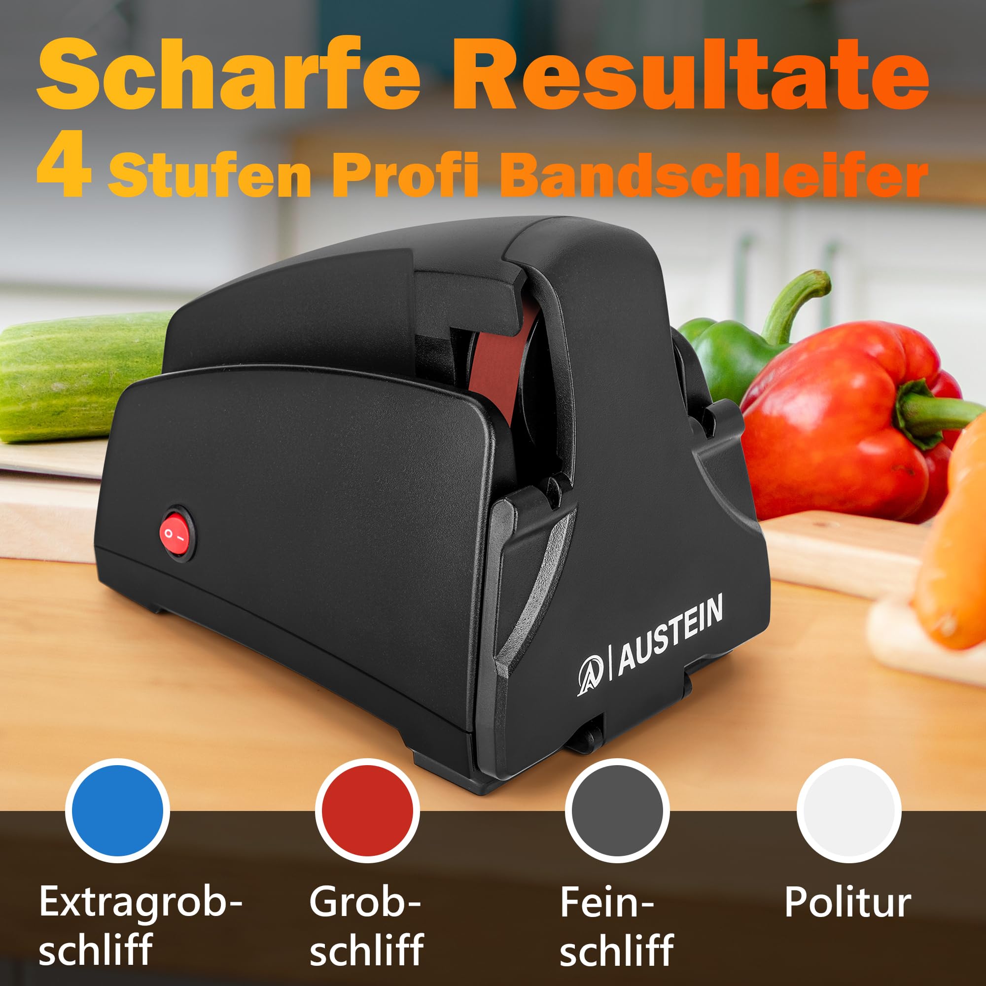 AUSTEIN Band Messerschärfer elektrisch TG2002 Profi Messerschleifer konvexen Schliff 4 Schleifabstufungen