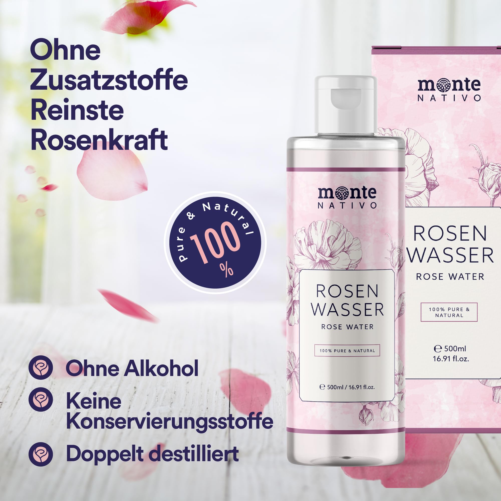 100% Woda różana Monte Nativo 500ml – 100% naturalna i czysta, toner do twarzy, naturalny różany hydrolat, potrójnie oczyszczony, kwiatowa woda różana
