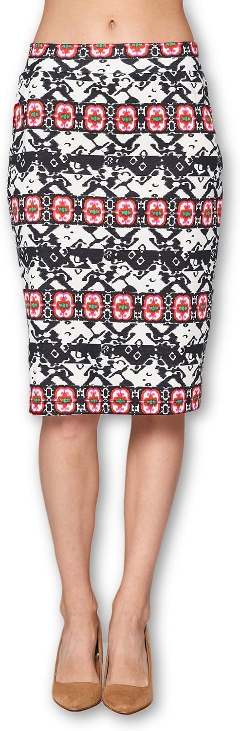 Women's High Waist Knit Stretch Multi Print Office Pencil Skirt (S