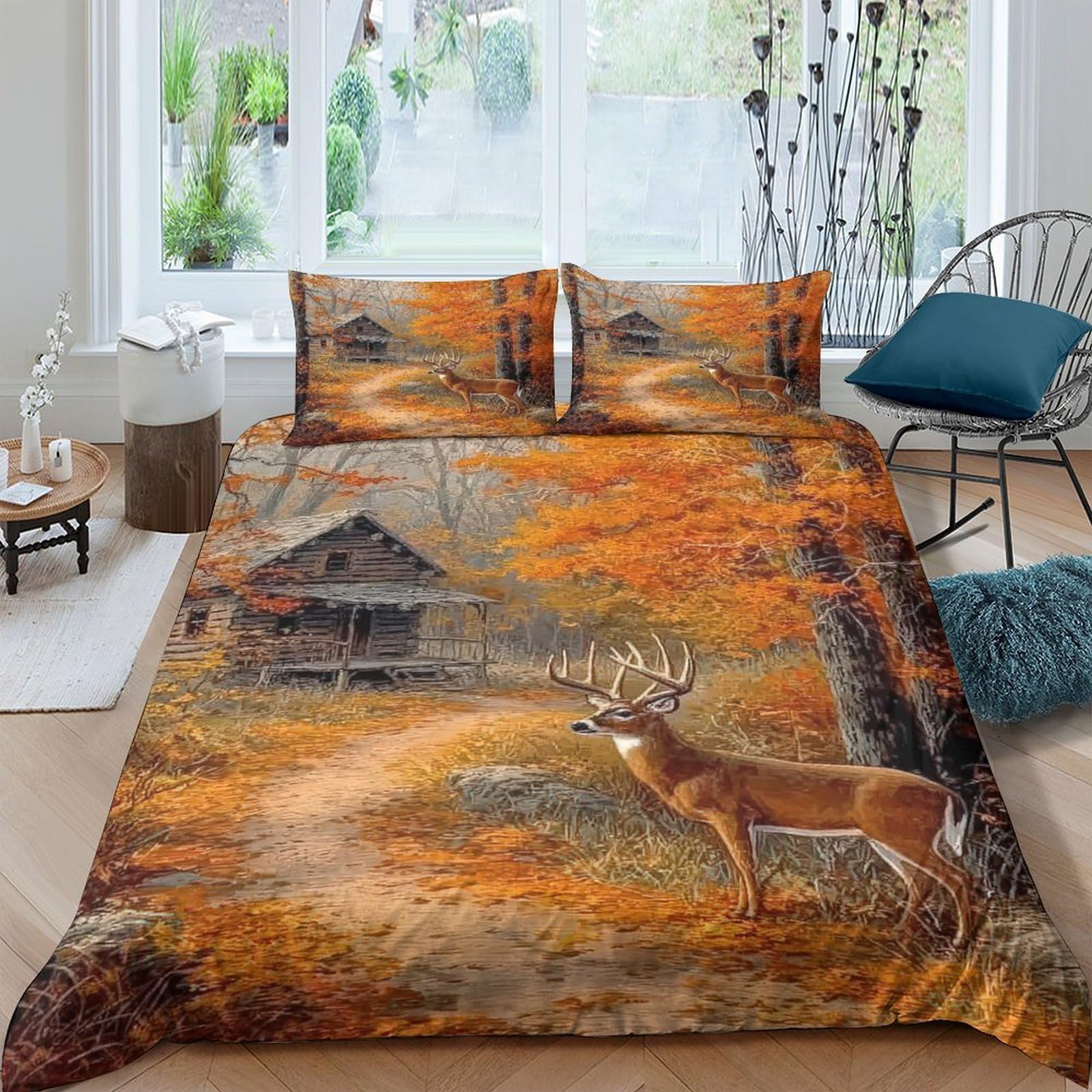Ctjqhvkz Style-8 3D Printed Autumn Forest Deer Fitted Sheet Microfiber Orange Brown Cabin Mattress Cover For Bedroom Guest Room Decor Single（135X200cm）
