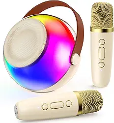 JYX Mini Karaokê Infantil, Caixa de Som Bluetooth Portátil com Microfone Sem Fio, Luzes LED Embutidas, Ideal para Exterior, Festas e Presentes,para Meninas e Meninos de 4～12+ Anos (Bege-2 MICS)