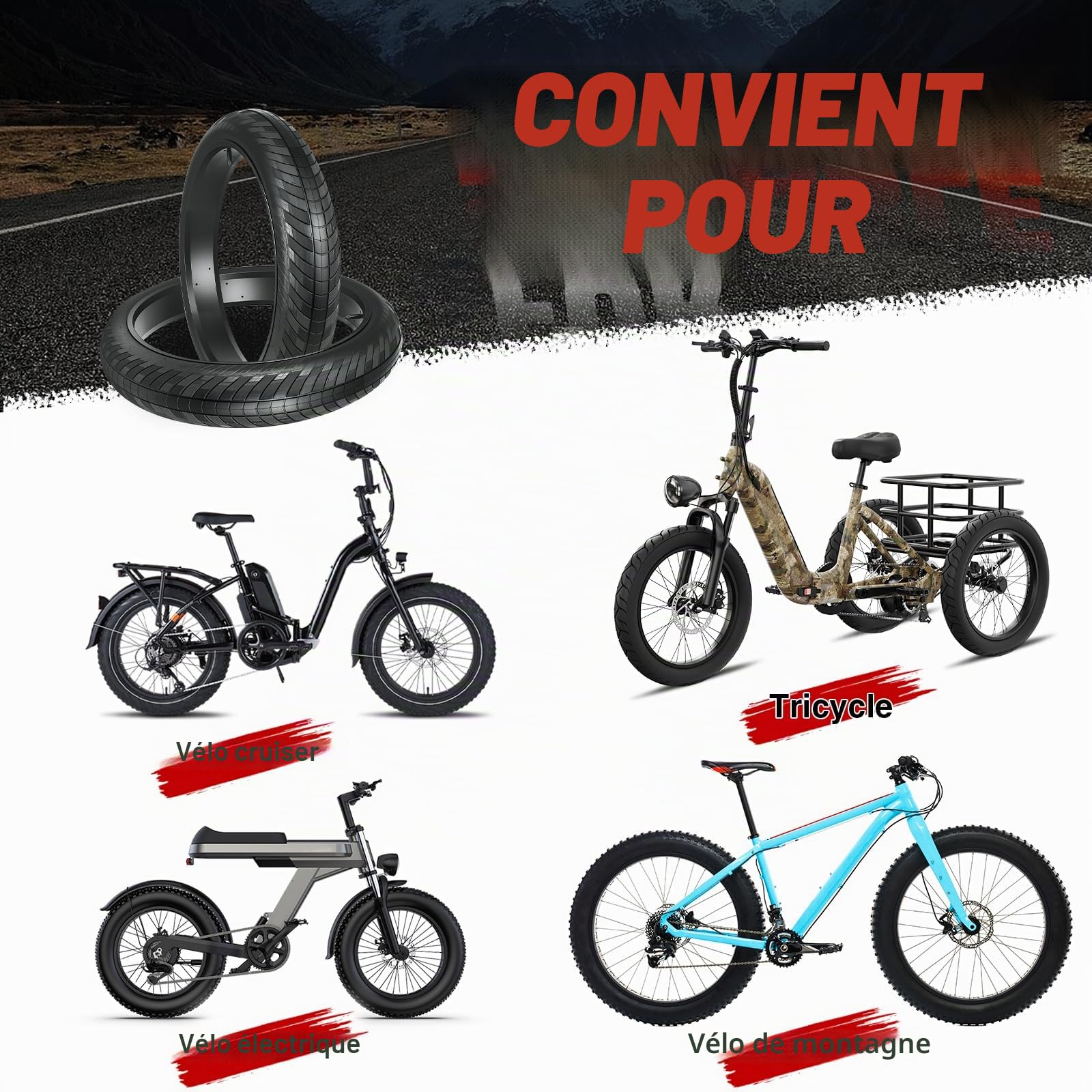 ZUKKA Pneu de vélo 20/24/26" Fat Tire 20/24/26 x 3,0 Pouces pour vélo électrique, VTT, vélo de Montagne, Pneu de Neige Heavy Duty Haute Performance résistant à l'usure