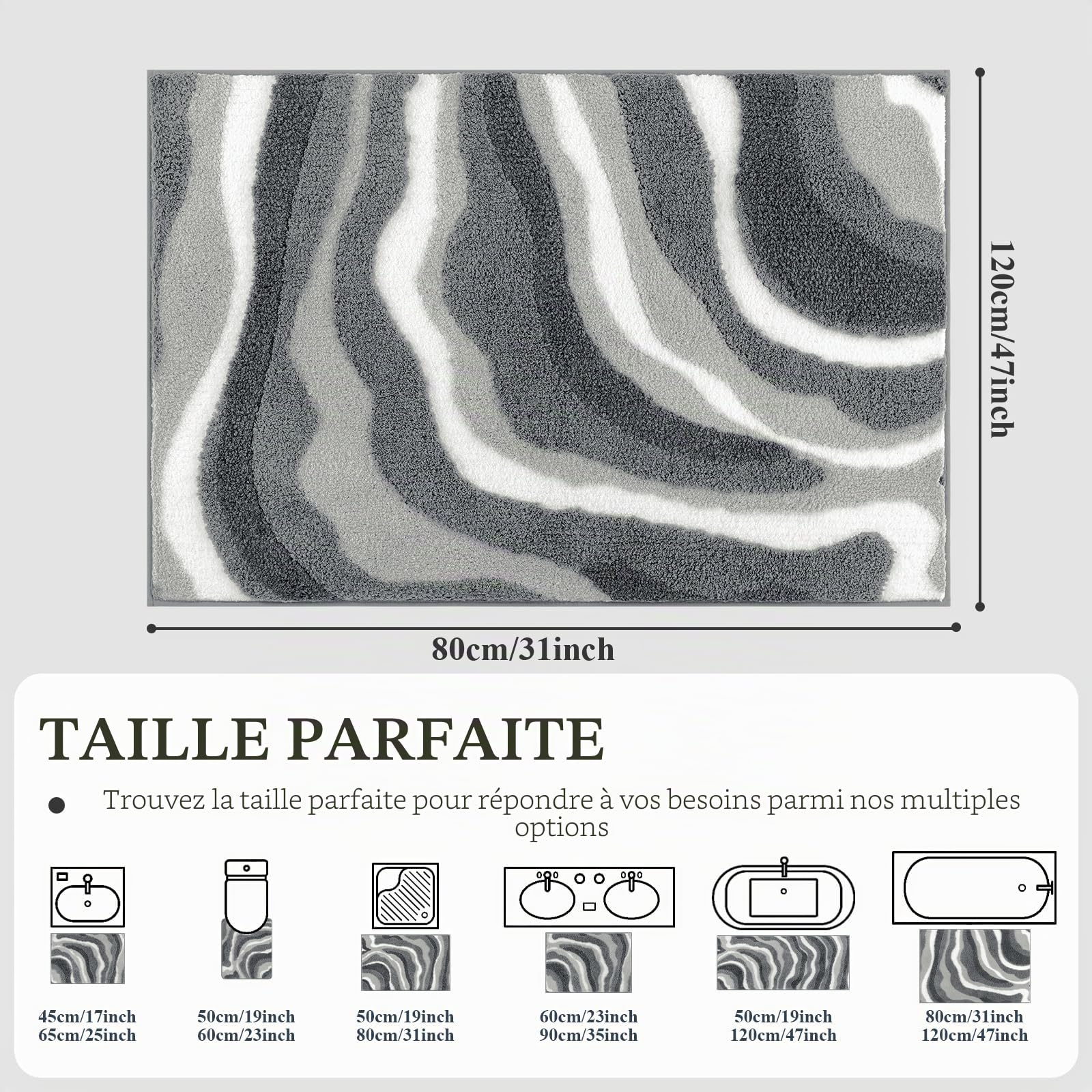 Enyhom Grande Tapis Salle de Bain Antidérapant 80 x 120 cm, Tapis de Salle de Bain Gris en Microfibre Super Absorbant, Extra Doux Epais et Lavable en Machine, Tapis Douche pour Baignoire, Salon