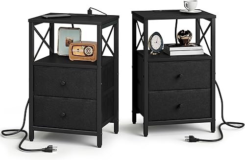 Miniatura 8 de Juego de 2 mesitas de noche con estación de carga, mesita de noche pequeña con almacenamiento, mesa auxiliar con puertos USB y tomas, con cajones de