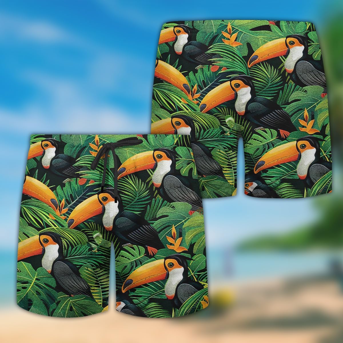 228CLOSET Funny Toucan Mens Swim Trunks - Palm Leaves Hawaiian Mens Swim Short Beach Shorts TU50 Size XL