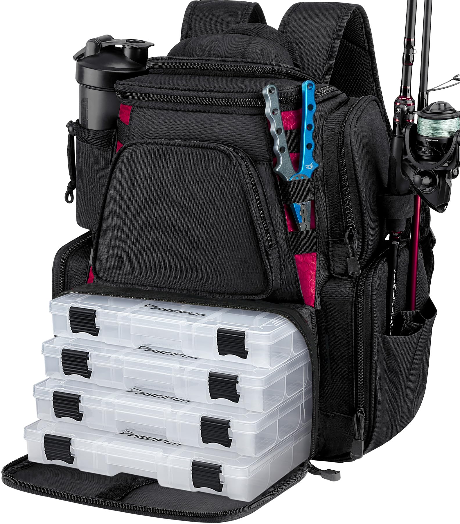 Piscifun Fishing Tackle Backpack with 2 Rod Holders, 4 Boxes &amp; Rain Cover