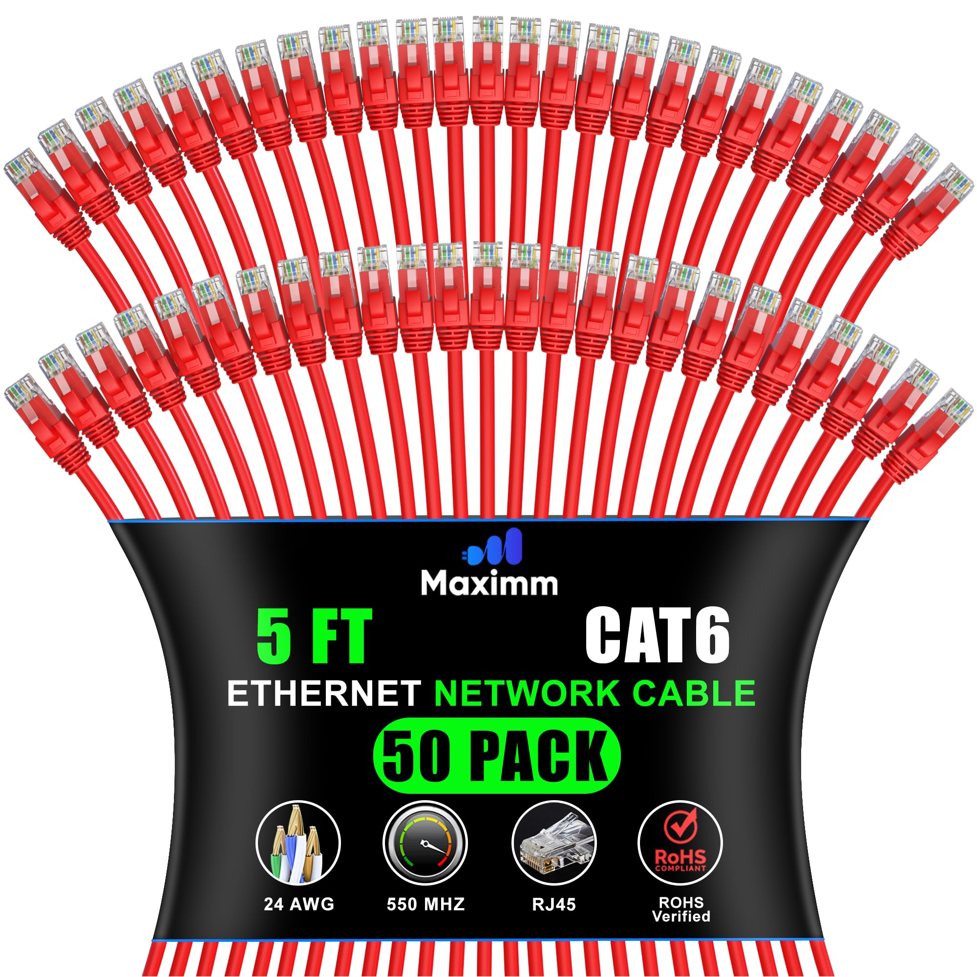 Maximm Cat 6 Ethernet Cable - 5 ft (50-Pack) - High-Speed LAN, Internet, Patch, Network Cable - UTP, 10Gbps, 550MHz Ethernet Cord - Red