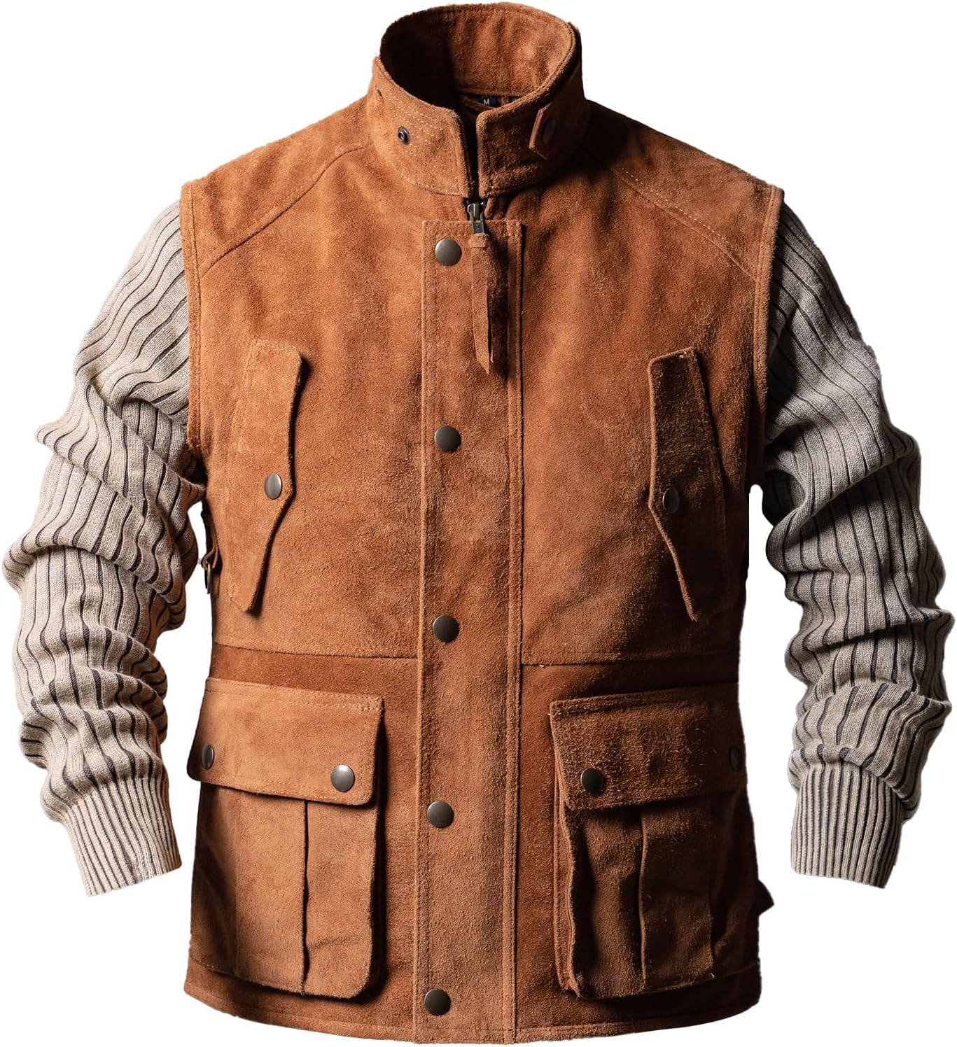 Mens Vintage Genuine Cowhide Leather Suede Club Style Sleeveless Motorcycle Vest Brown Gilet