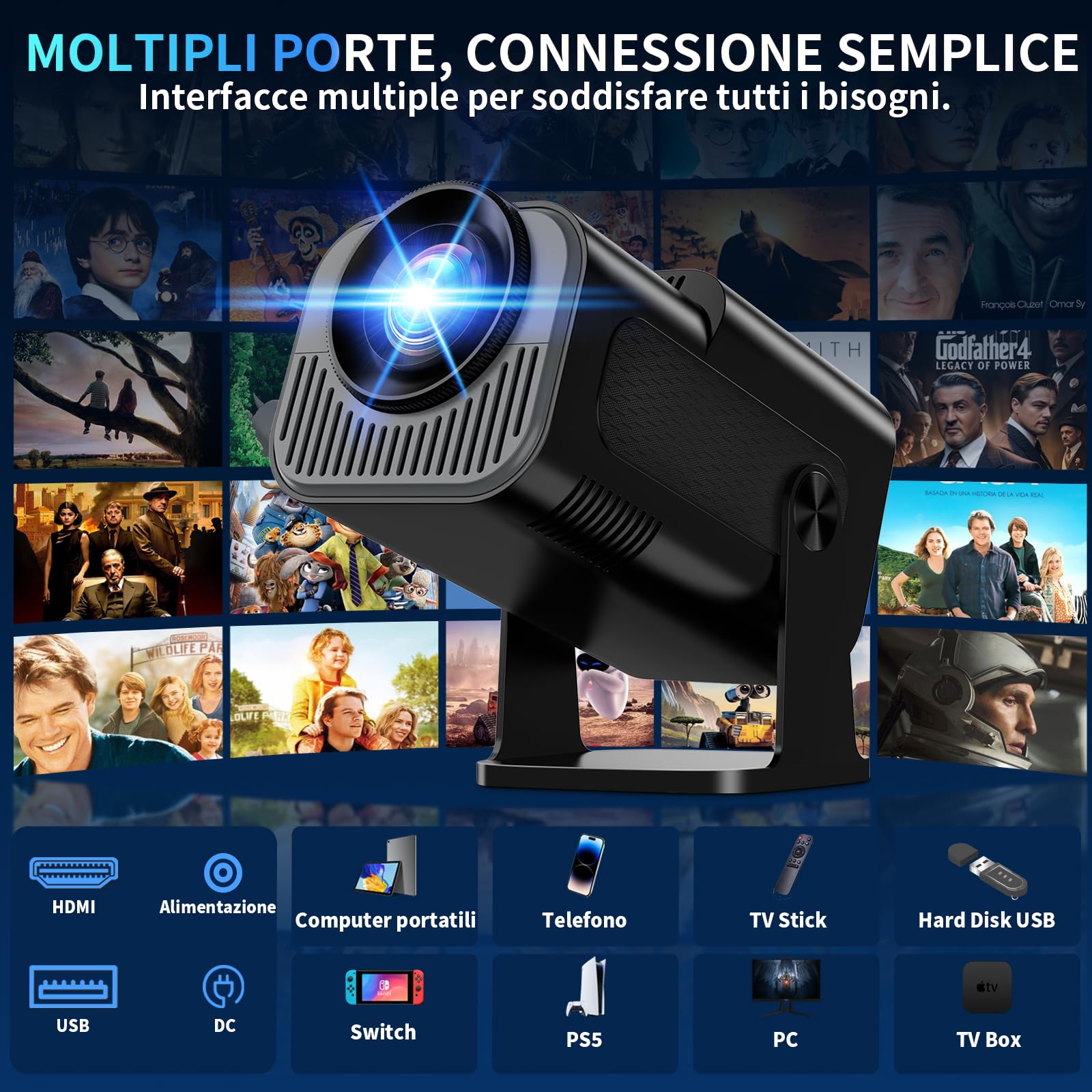 Proiettore 1080P 4K WiFi 6 Bluetooth 5.2 Mini Portatile con Rotativo 270° Auto Keystone Nero