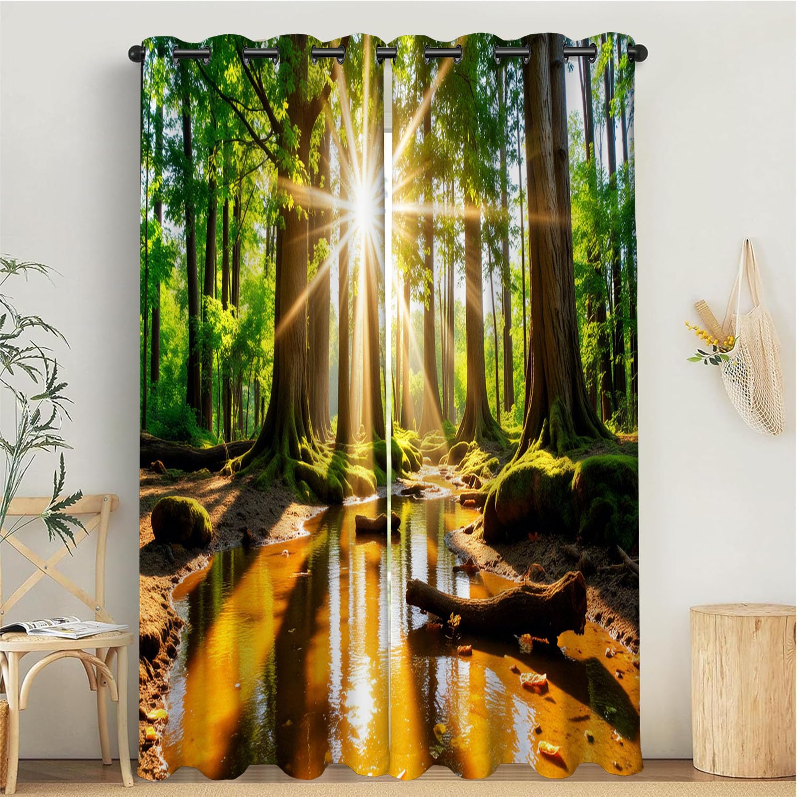 Rideaux occultants 3D forêt et ruisseau vert orange de 140x225 cm pour chambre d'enfant