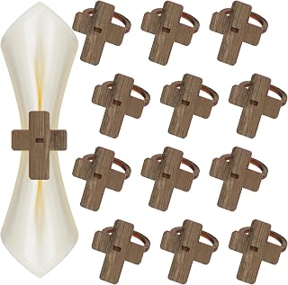 POILKMNI 12PCS Wooden Cross Napkin Rings - Easter First Communion Wedding Table Decor Holders Rustic Farmhouse Serviette Rings