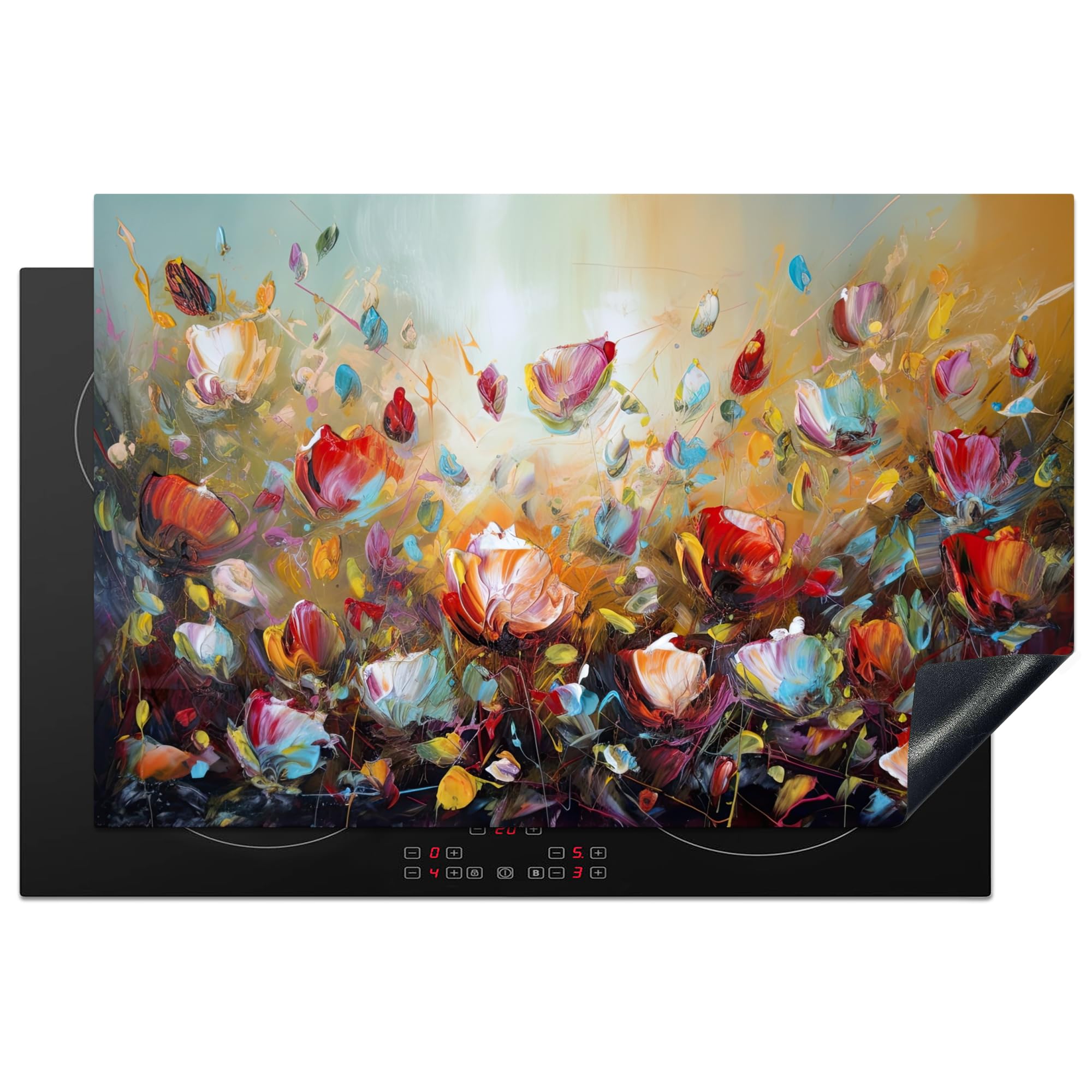 KitchenYeah© Herdabdeckplatte 80.2x52.2 cm Einteilig Herdabdeckung Abdeckplatte für Ceranfeld Abdeckung Induktionskochfeld Aufrollbare Matte Blumen - Kunst - Natur - Öl