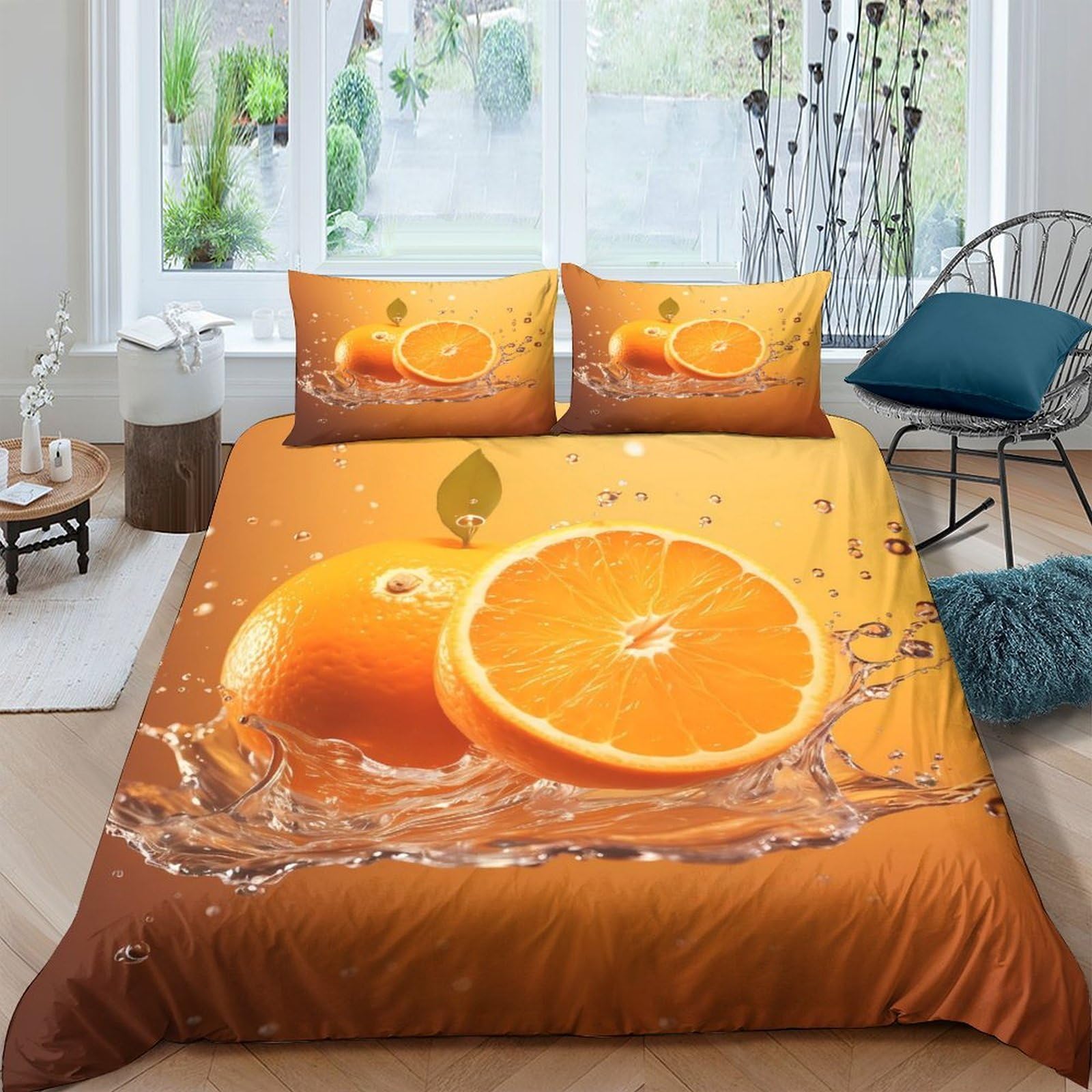 GPLZQXKJNH 3D Printed Orange Fruit Splash Duvet Cover Microfiber Soft Breathable Citrus Pattern Bedding Set with 2 Pillowcases for Bedroom Decor Single（135x200cm）