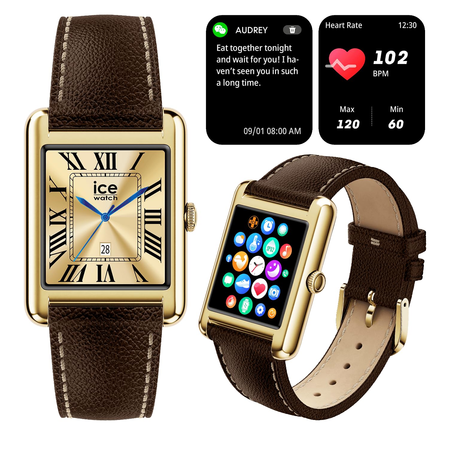 ICE-WATCH - Ice Smart TKS 2.0 Gold Chocolate Grain - Montre connectée dorée pour Femme avec Bracelet en Cuir - 025618 (1.41 Pouces / 32mm) - Smartwatch, Suivi des activités physiques et de la santé