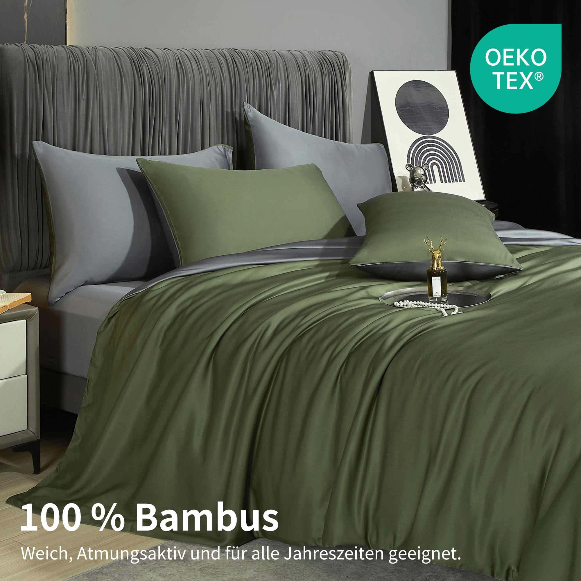 Luowei Bambus Bettwäsche 155x220 cm 3 Teiliges Dunkelgrün Grau Sommer Kühlend Atmungsaktiv Wendebettwäsche aus 100% Bambus Lyocell Bettbezüge mit Reißverschluss und 2 Kissenbezüge 80x80 cm