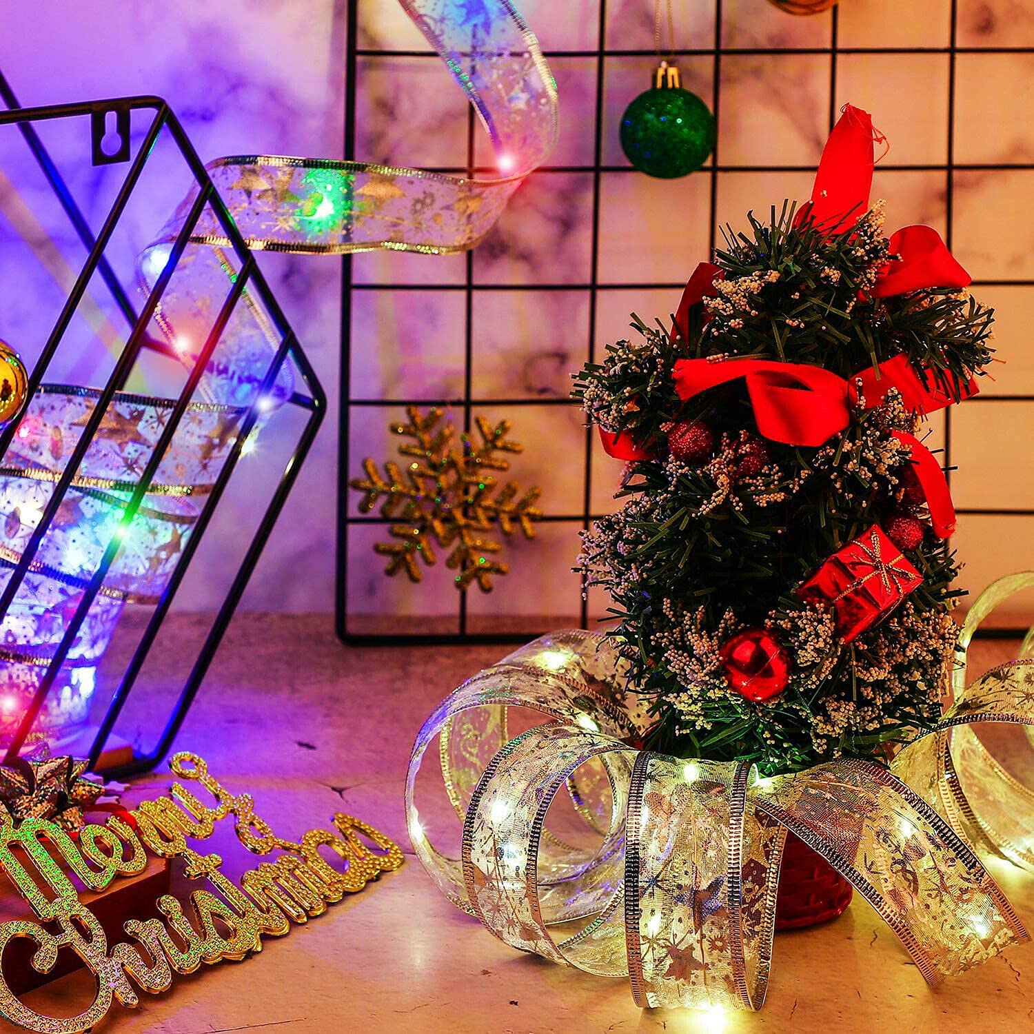 リボンライト イルミネーション クリスマス LED 電池式 ワイヤー ゴールド