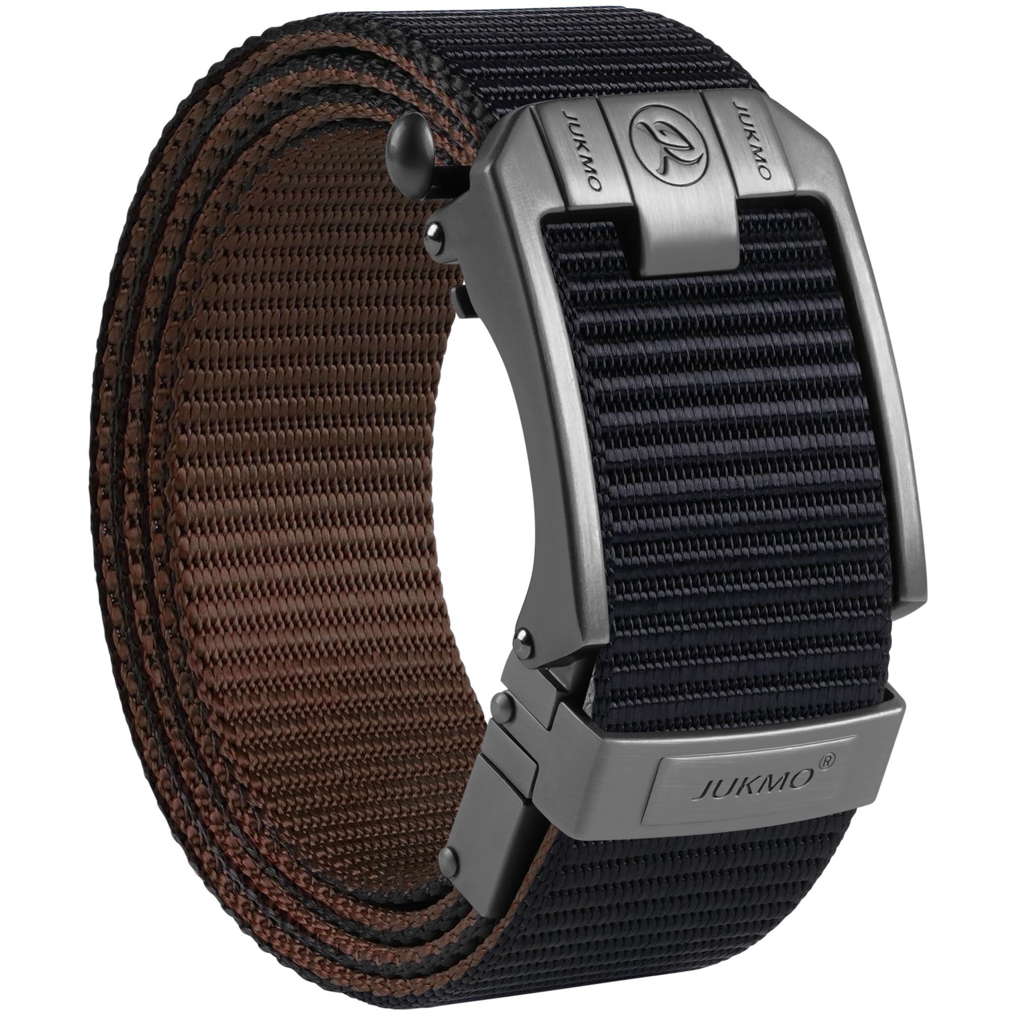 JUKMO Mens Reversible Ratchet Belt - 2 Styles in 1 No-Hole Adjustable Web Belt for Golf Business Everyday