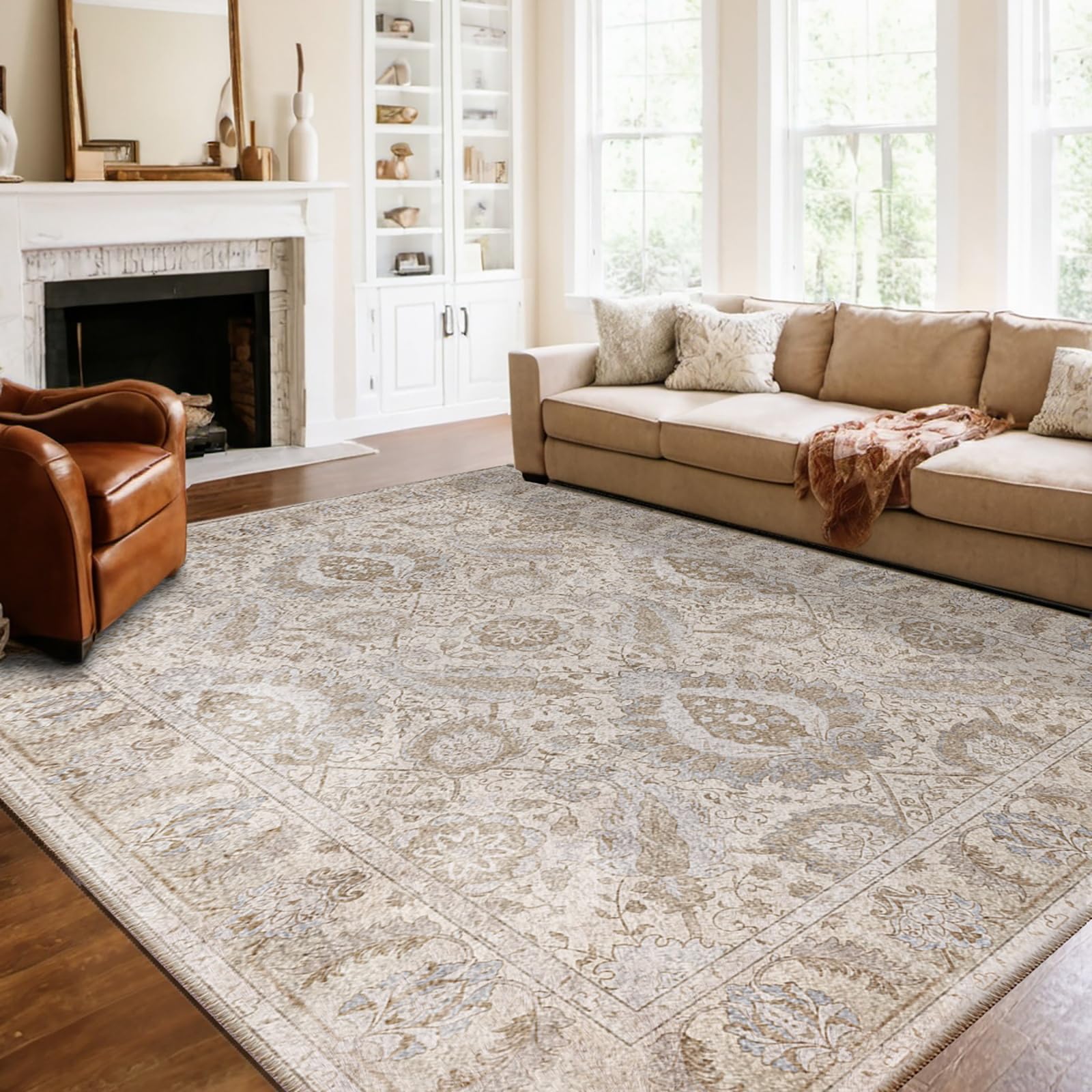 RELEANY Boho 8x10 Area Rugs Washable 8x10 Rug Low Pile Carpet Non-Shedding High Traffic Area Rugs for Living Room Bedroom Kitchen Dining Room Entrance Indoor-Khaki/Blue