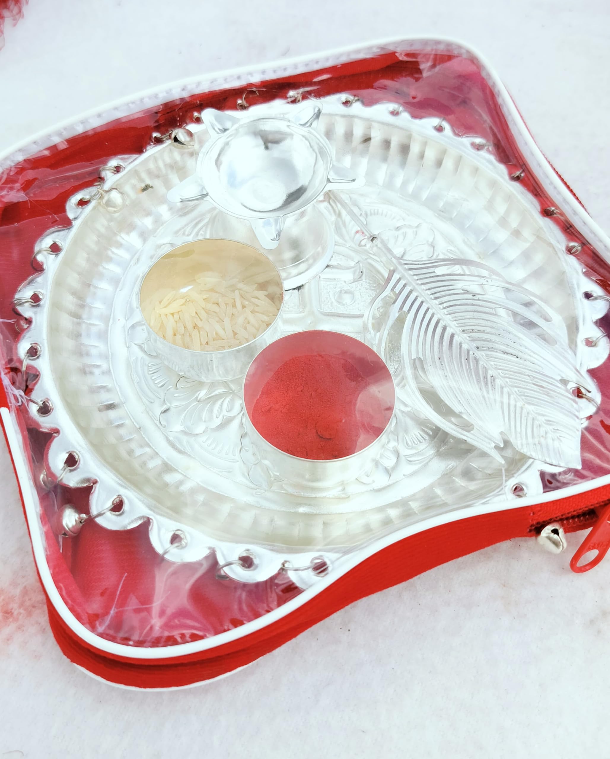 indiancraftbykanika German Silver Small Ghungaru aarti thali Set with tika Stick for Diwali