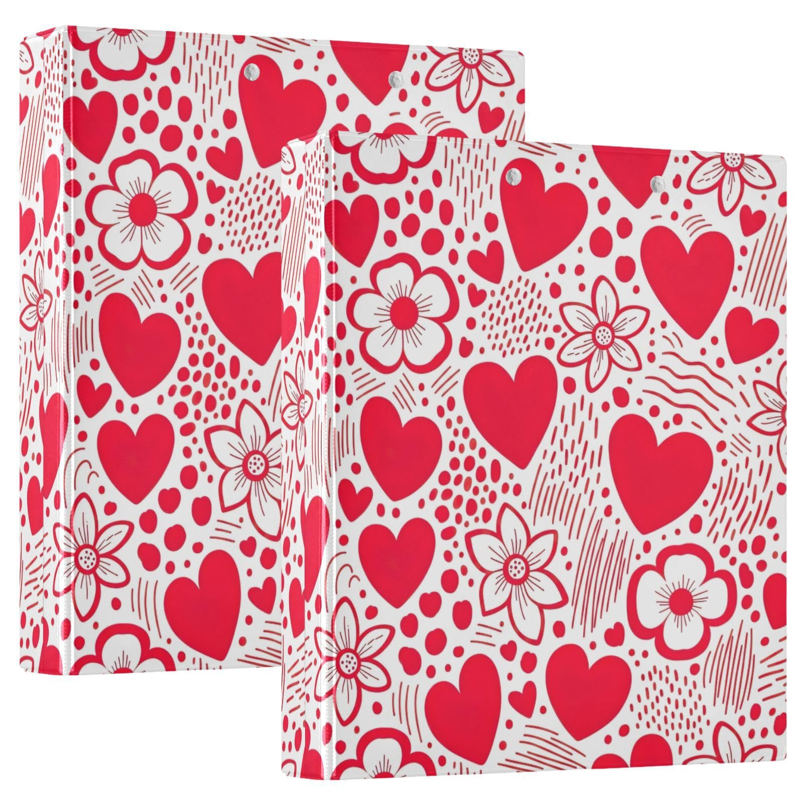 Raccoglitore a 3 anelli con stampa a forma di cuore, rosso e bianco, con portablocco, confezione da 2
