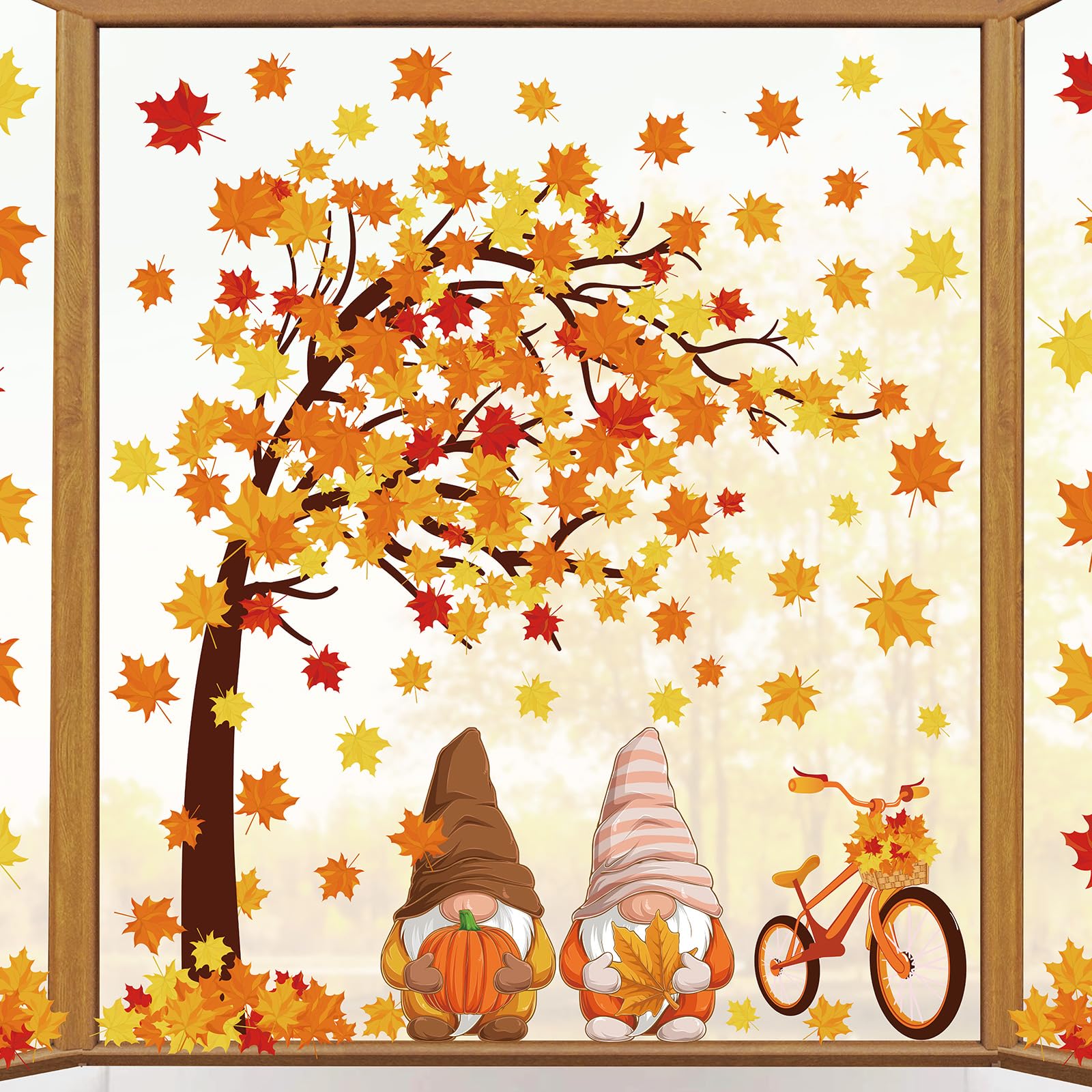 AnyDesign 6 Sheets Fall Window Clings Colorful Maple Leaves Tree Window Stickers Gnome Pumpkin Double-Sided Window Decals for Autumn Thanksgiving Harvest Home School Accessories Party Supplies Gifts