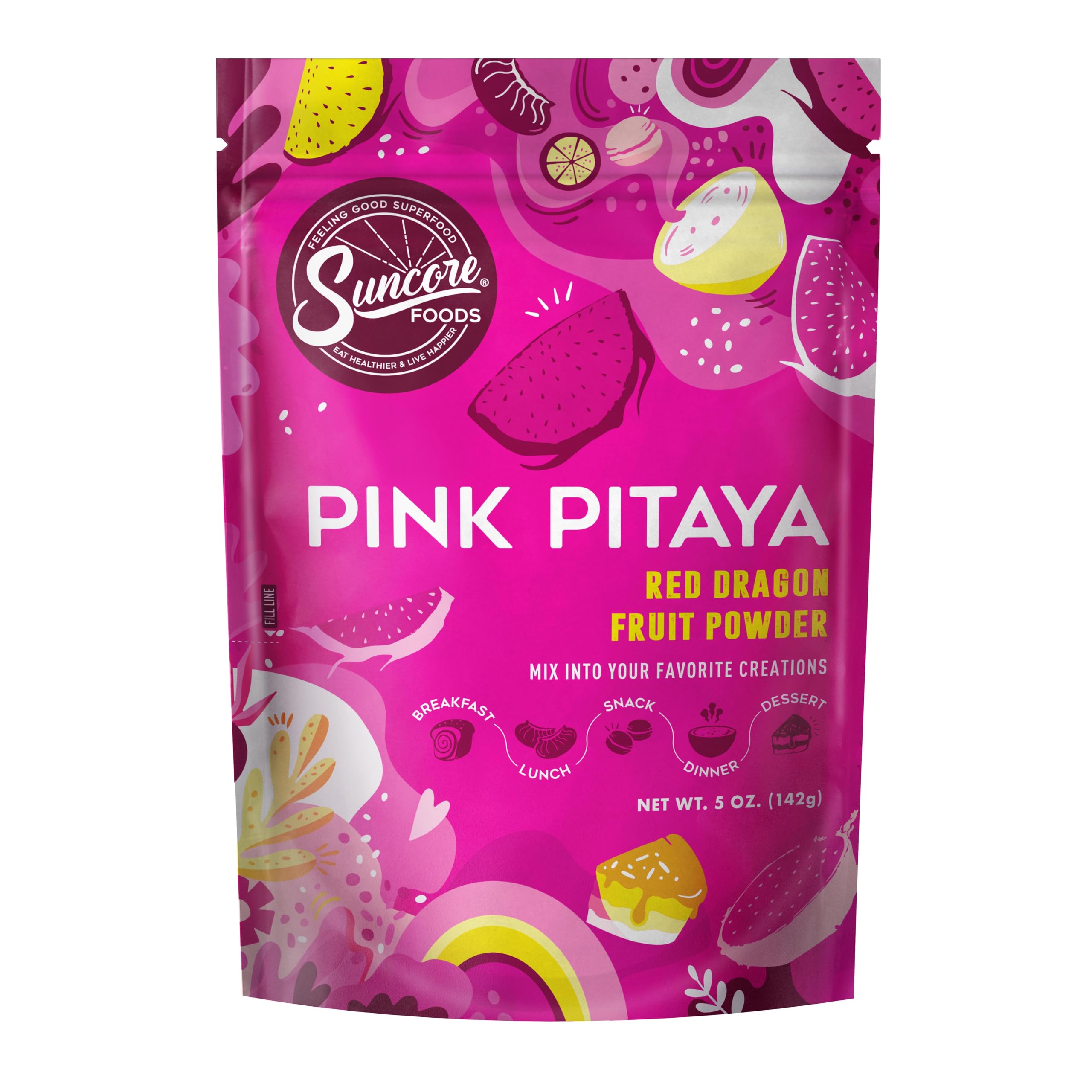 Suncore Foods Pink Pitaya Powder, Natural Pink Food Coloring Powder, Gluten-Free, Non-GMO, 5oz (1 Pack)
