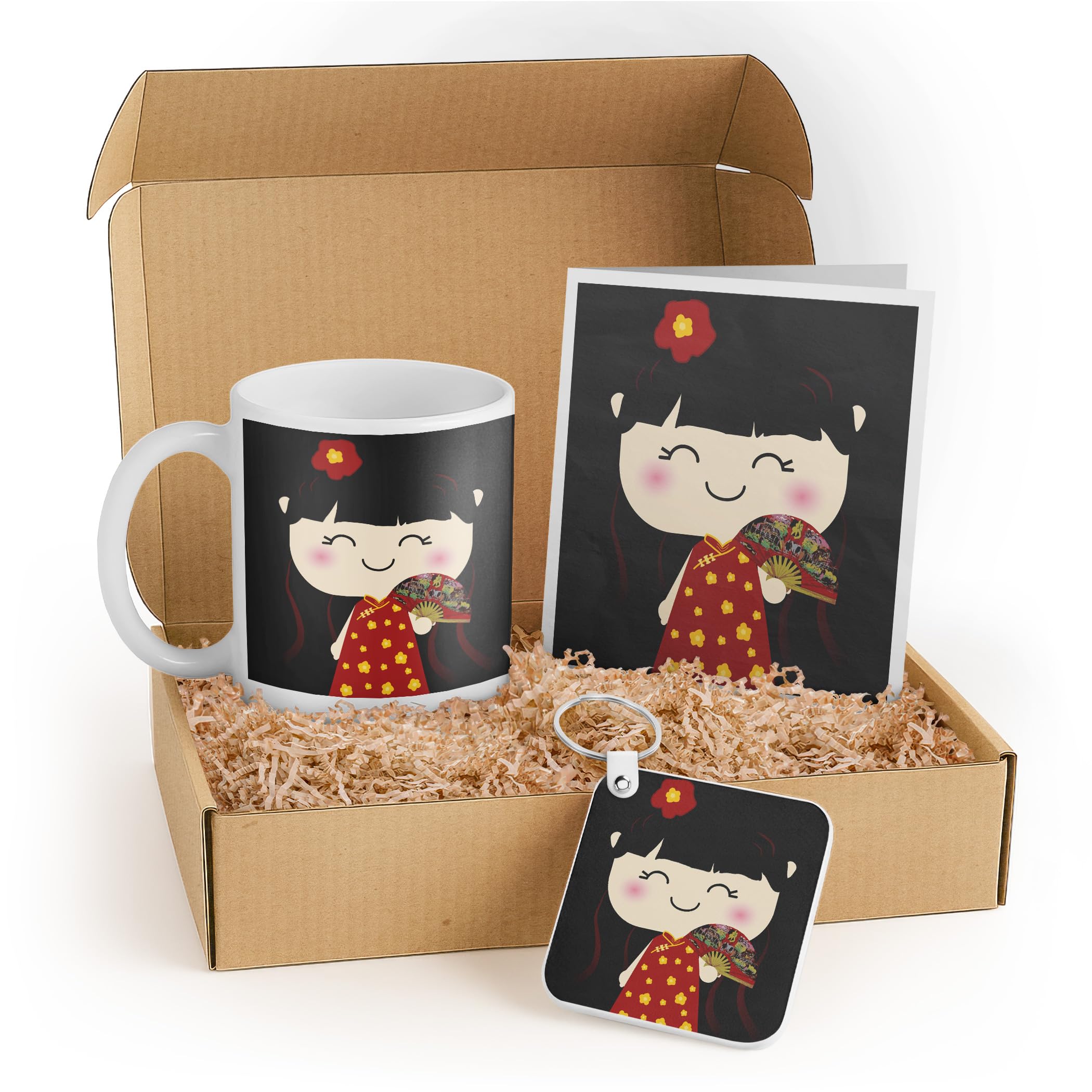 3dRose Kawaii Doll Gift Set for Girls - Includes Mug, Card, Keychain & Cute Red Dress with Fan - Ideal Birthday Gift for Kawaii Lovers