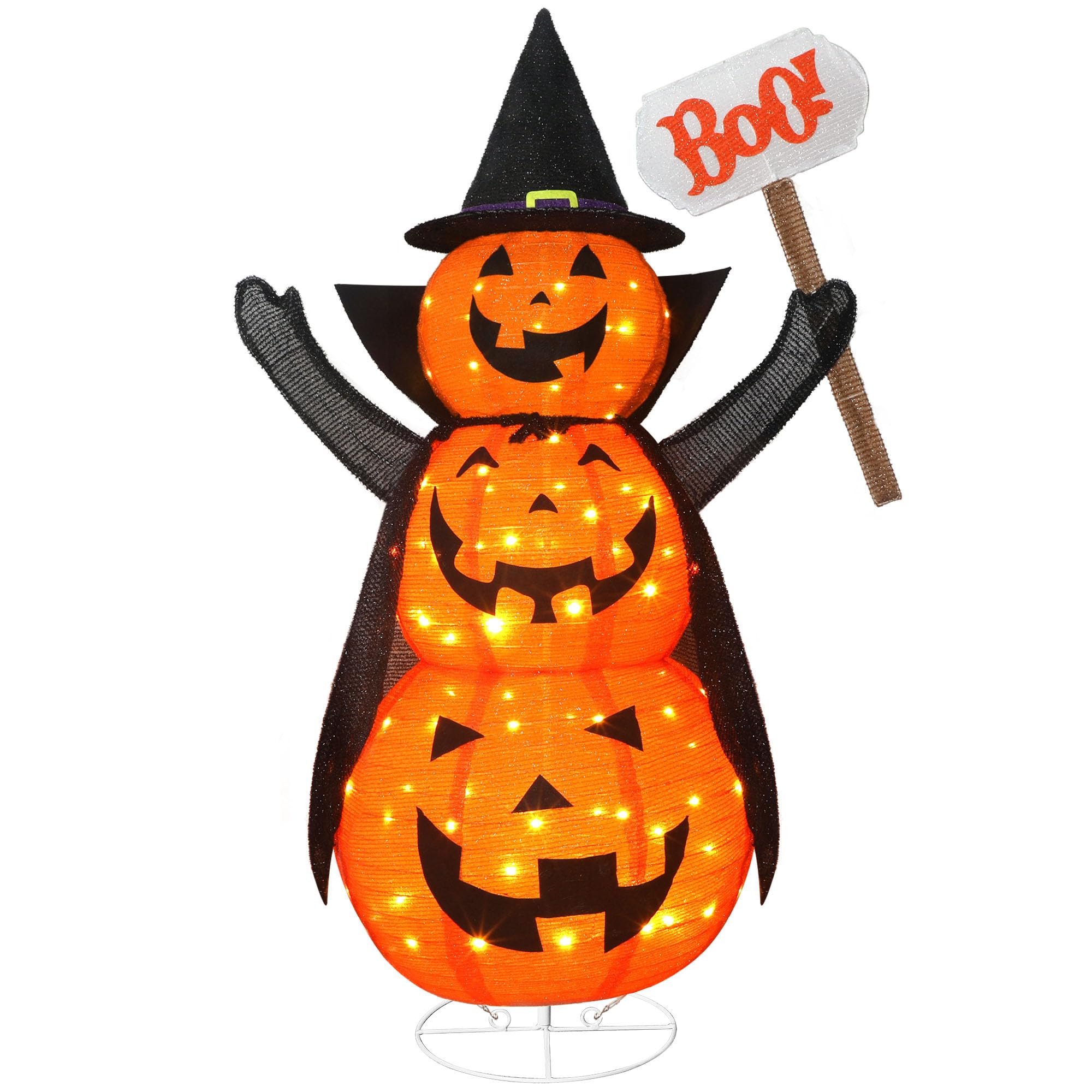Halloween Decoration 4.3FT Retractable Jack-O-Lantern, 100 LED Collapsible Pumpkin Lantern with Black Star Hat, Plug in Halloween Lights with Stand for Indoor Outdoor Lawn Backyard Garden Decor