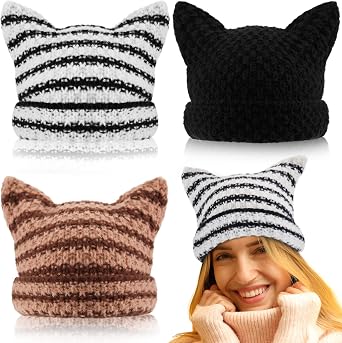 Hercicy 3 Pcs Women Crochet Cat Ear Beanie Vintagey2k Cat Hat for Women Grunge Accessories Slouchy Crochet Hat with Ears