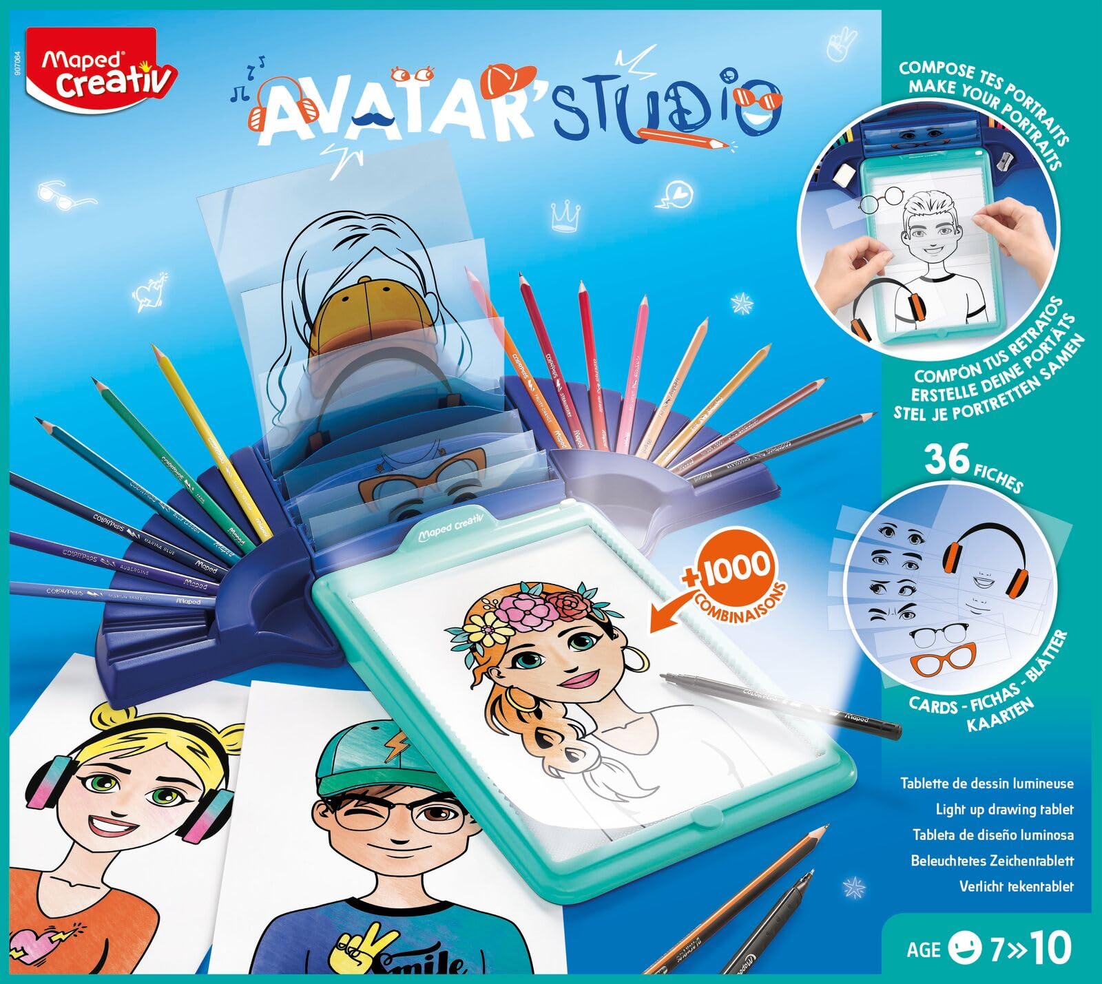 Maped Avatar Estudio Caja de Luz Creativa - Set de Manualidades para Niños con Luz LED y 36 Plantillas para Calcar y Colorear - Fomenta la Motricidad y Creatividad - Ideal para Dibujar Avatares