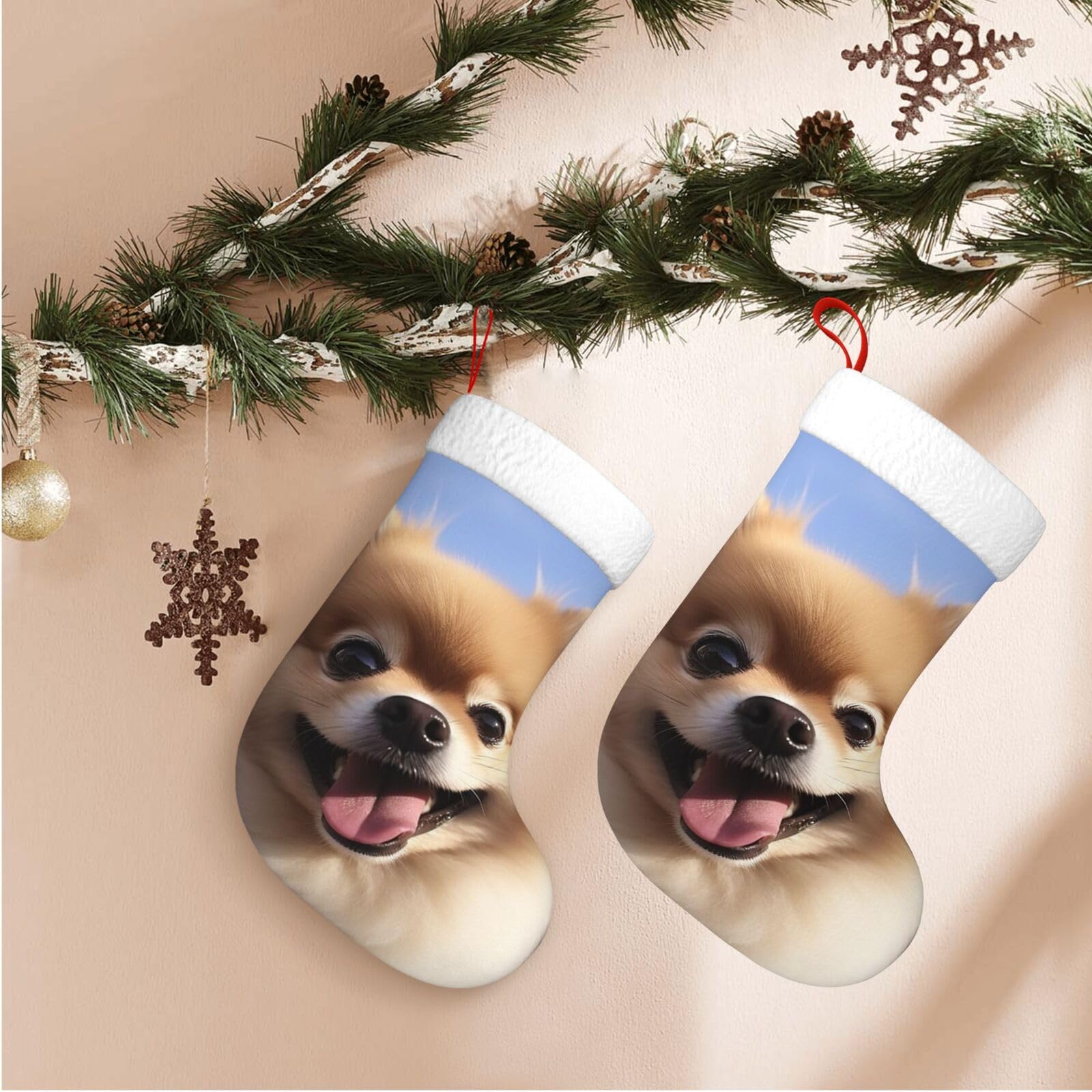 Happy Pomeranian Christmas Stockings Velvet Xmas Fireplace Hanging Stocking with Plush Cuff Rustic Christmas Santa Stockings for Home Christmas Decorations Party Favor Supplies
