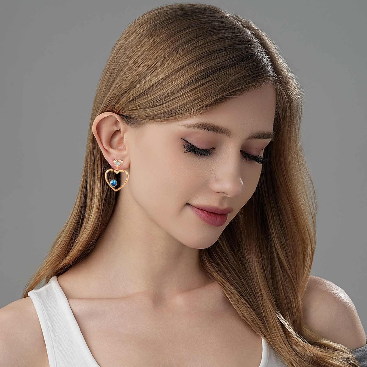 EVEVIC Austrian Crystal Double Gold Heart Dangle Earrings for Women 14K Gold Plated Hypoallergenic drop Earring Jewelry Gift - Image 5