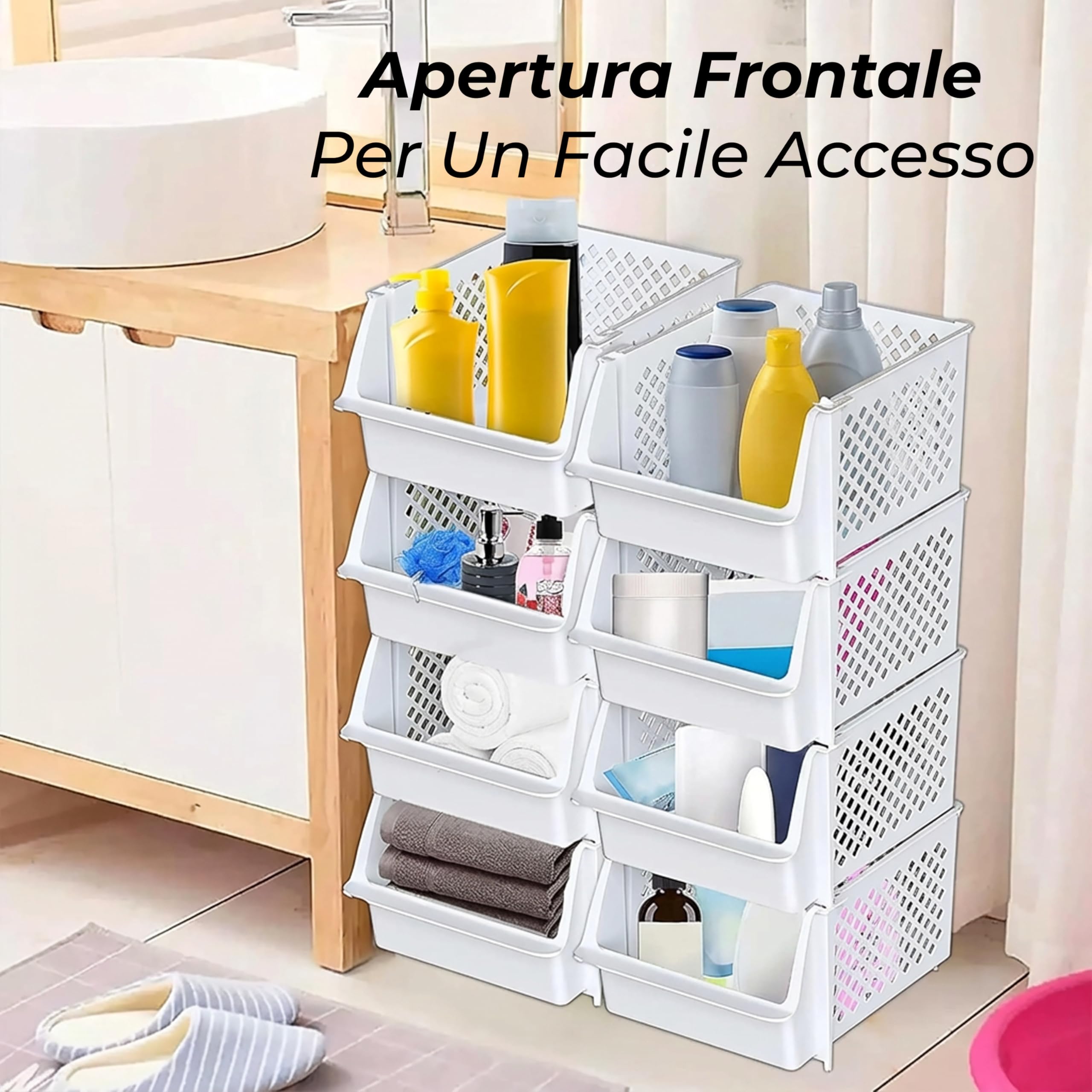 Skywin Contenitori Impilabili Set Da 4, Apertura Frontale | Organizer Dispensa Con Apertura Frontale, Ceste In Plastica Impilabili, Set Da 4, Per Cucina E Garage