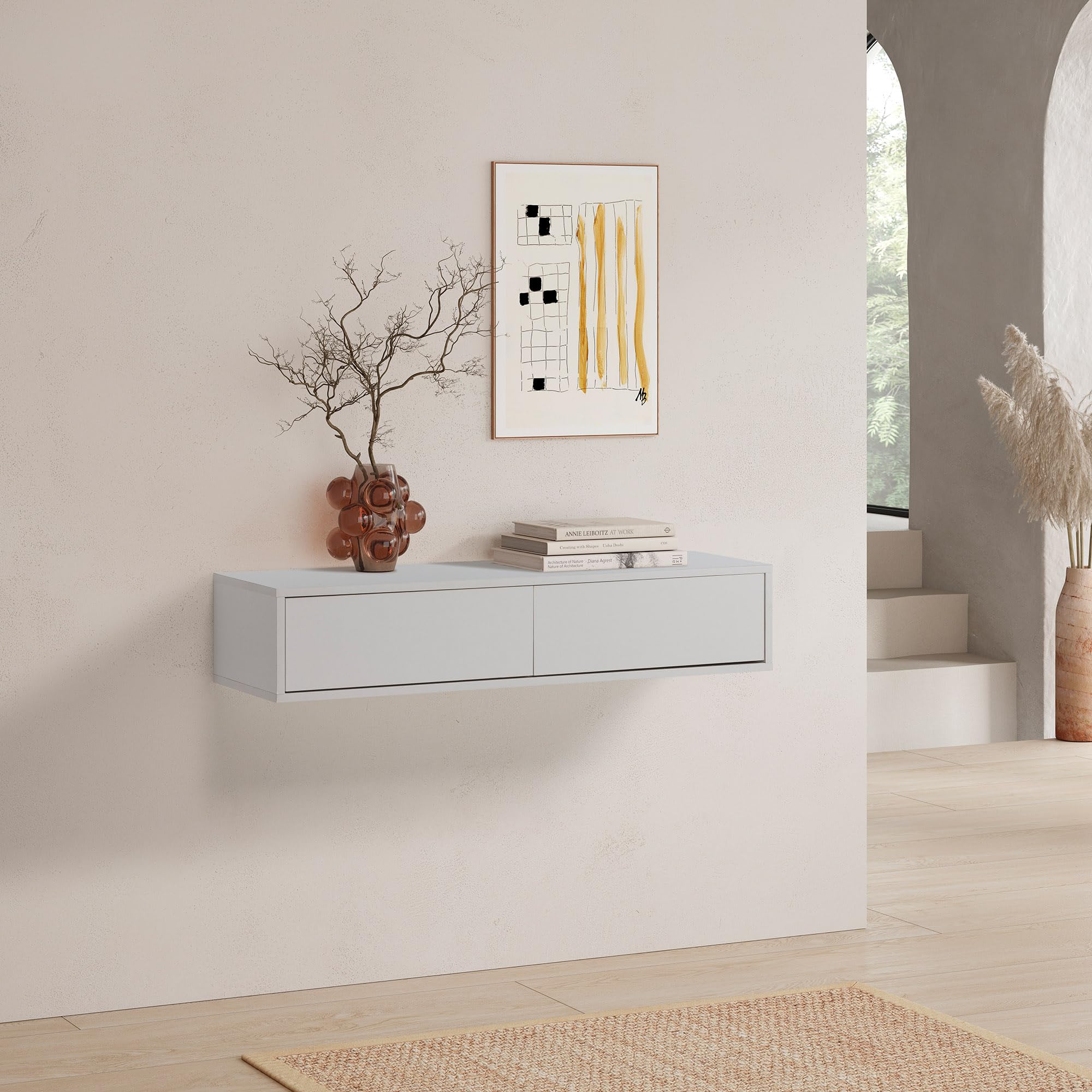 HOMN LIVING Console sospesa per ingresso Auri 2 cassetti colore bianco, 100 cm (larghezza) 30 cm (profondità) 20 cm (altezza)