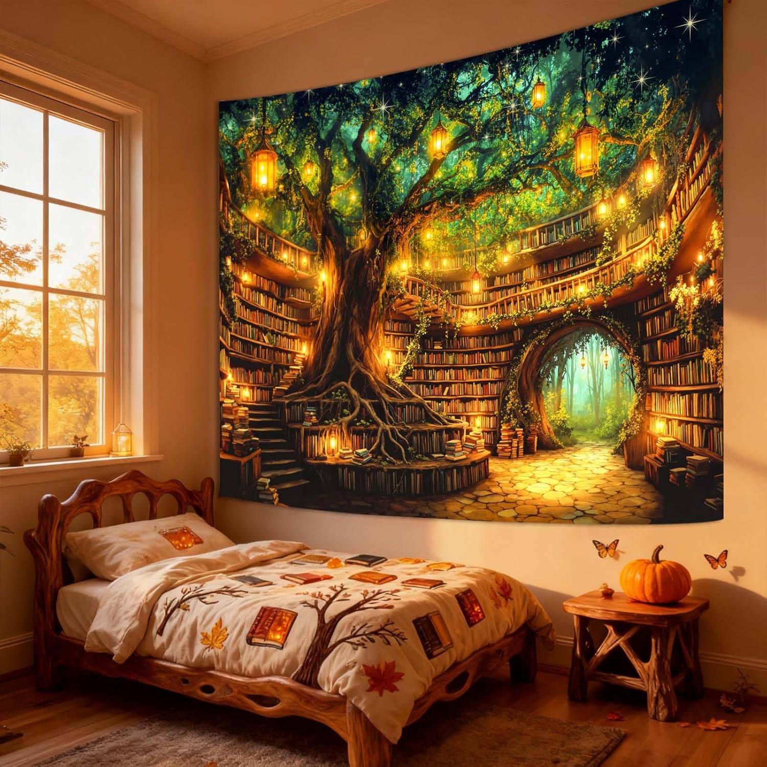 Yeoiat Tapestry Enchanted Forest Library Tapestries Ancient Tree Bookshelf Wall Hanging Magical Cottagecore Fantasy Decor 90"x70"