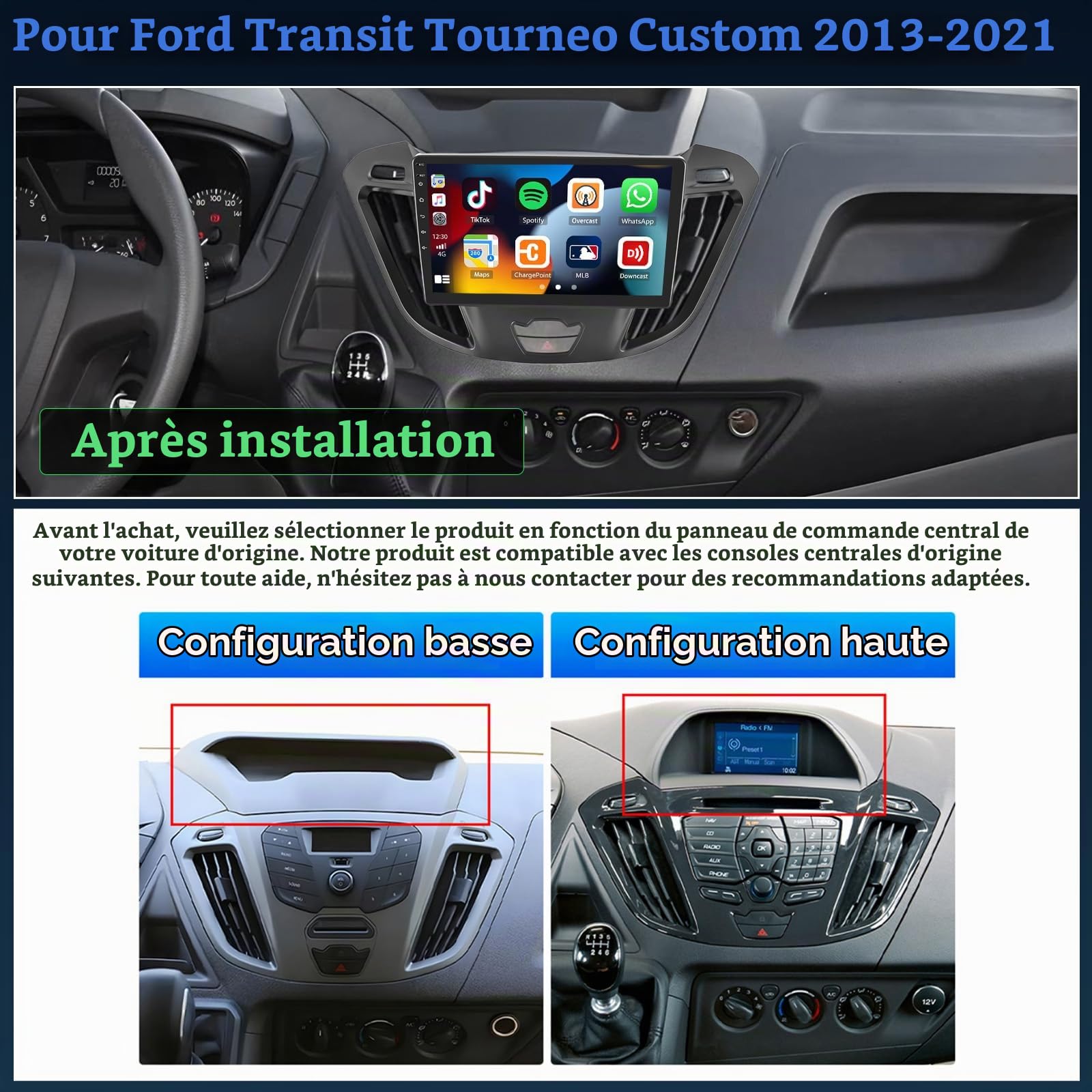 SIXTOP 4+64 Go 9" Android 15 Autoradio pour Ford Transit/Tourneo Custom 2013-2021 Radio 2 Din avec CarPlay sans Fil Android Auto Voiture GPS WiFi Bluetooth FM/RDS Caméra de Recul Commande au Volant EQ
