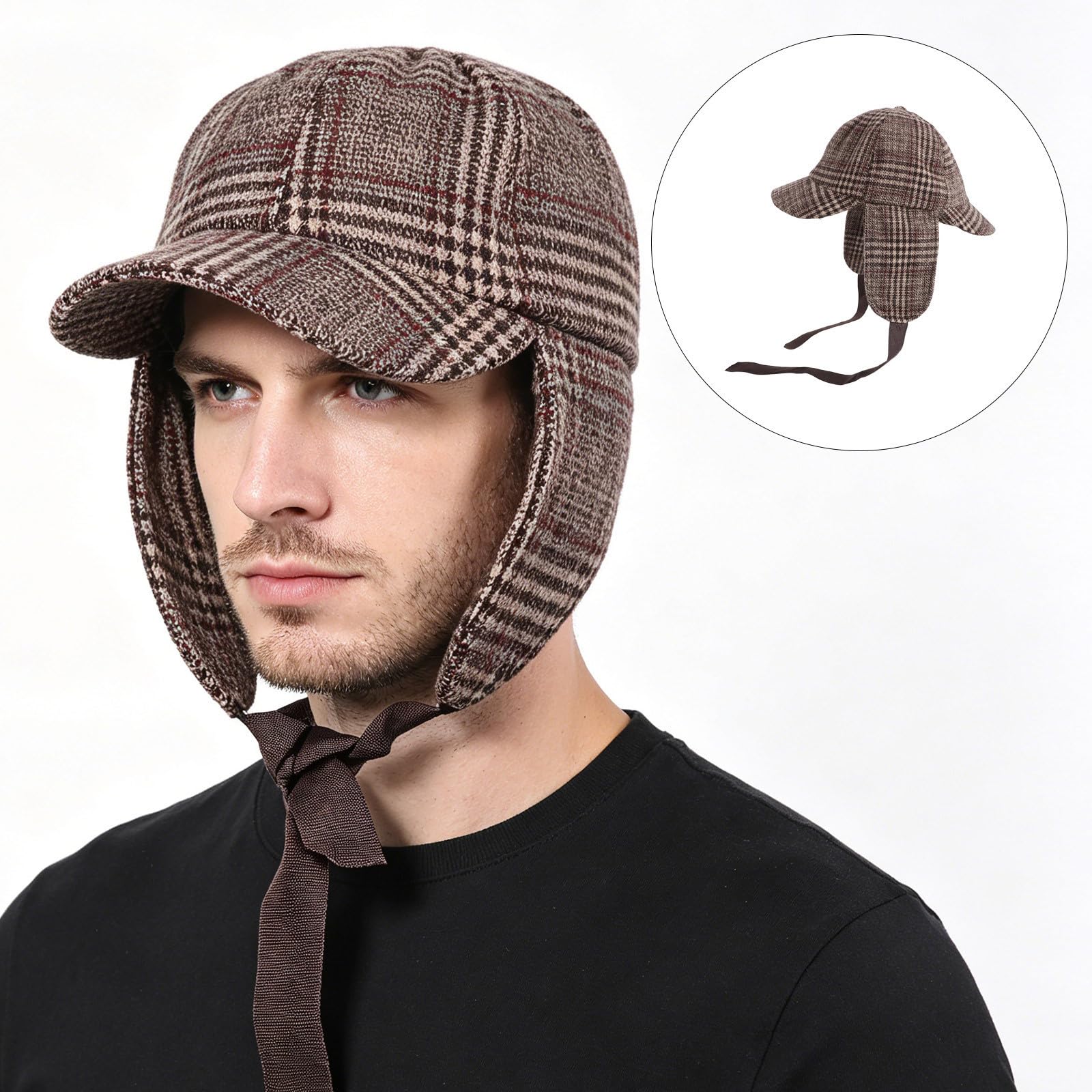 Tofficu 4 Piezas Sombrero Infantil de Disfraz Estilo Detective Doble ala y Orejeras Ajustables, Diseño de Cuadros para Juegos de rol y Uso Diario