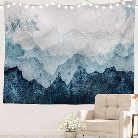 Batmerry Navy Blue Watercolor Mountains Tapestry