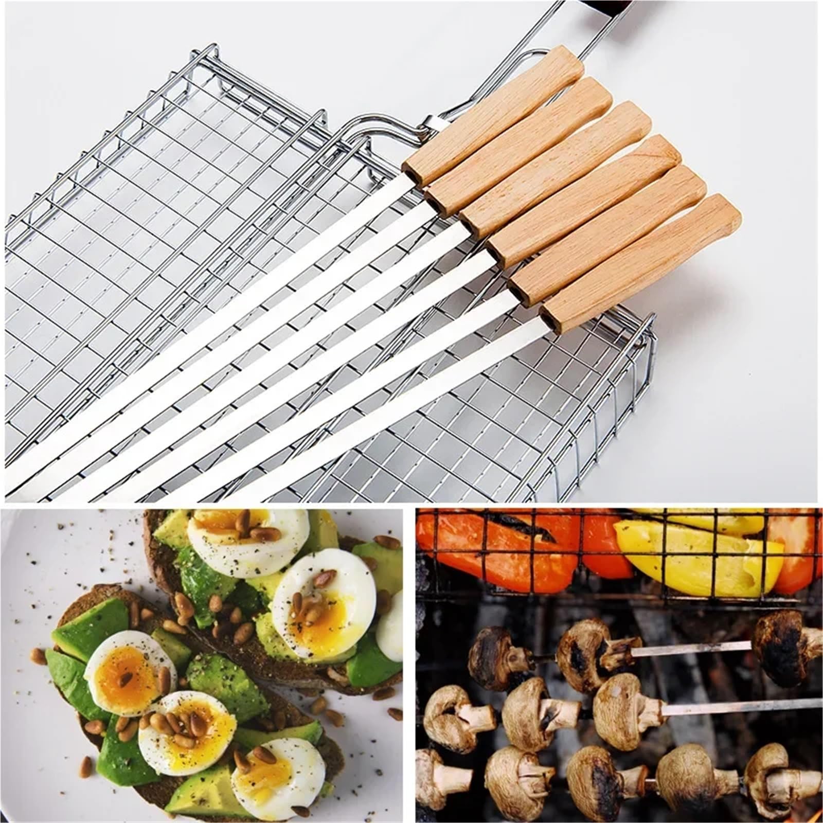 Pinchos Acero Inoxidable 6/8 brochetas de kebab Koobideh 17 pulgadas acero inoxidable for barbacoa, reutilizables, con mango madera(8 pcs)