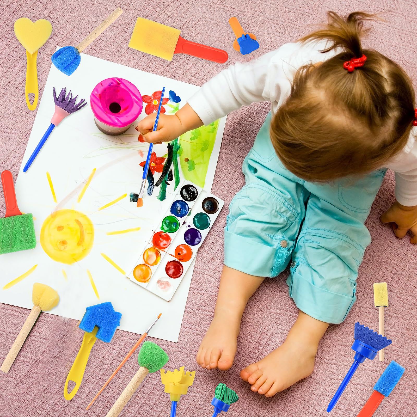 Kit Pinceau Éponge Réutilisable 30 Pièces, Brosse Peinture Enfant, Outils DIY