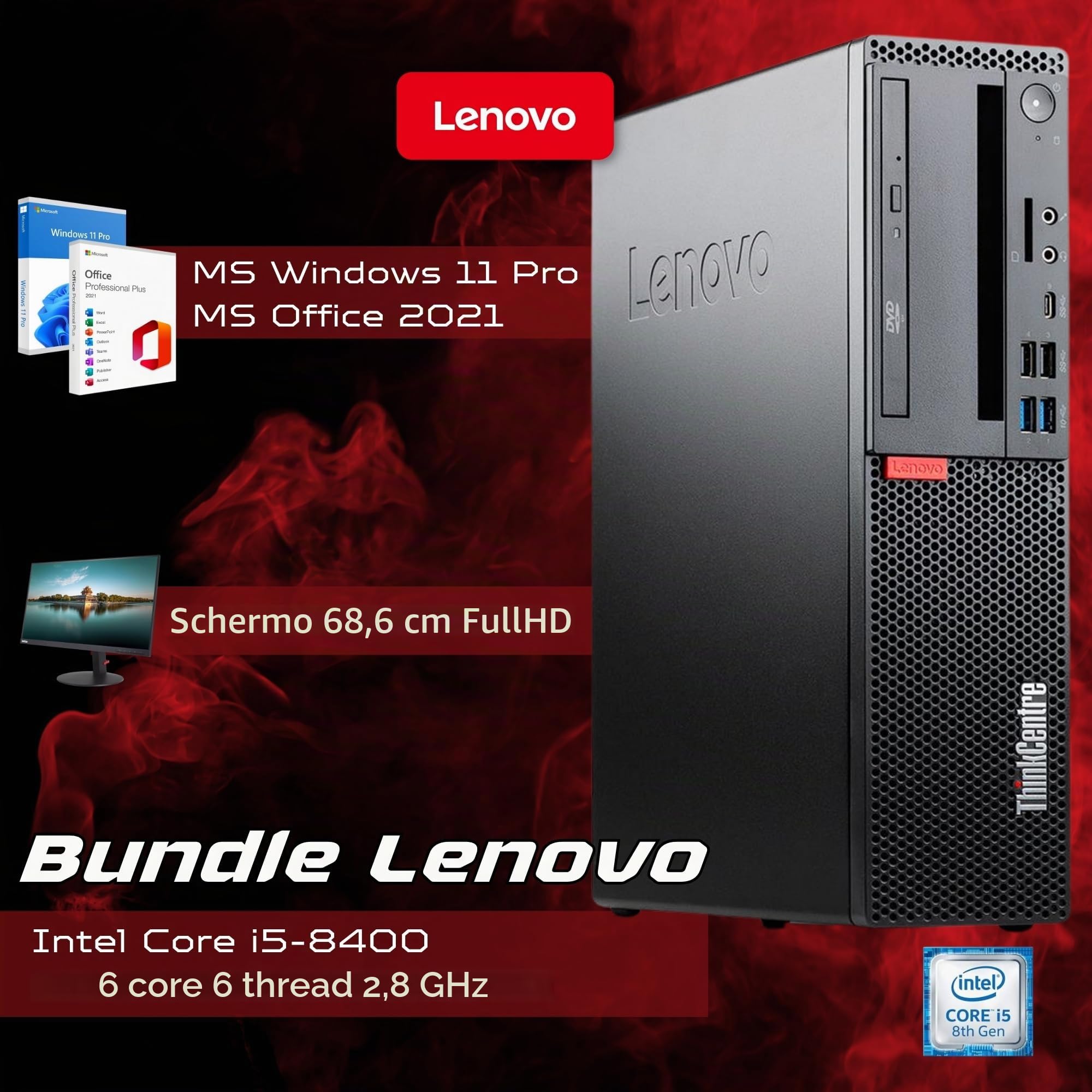 Lenovo Postazione ufficio completa Pc Desktop Intel Core i5-8400 | Ram 16GB | SSD 512GB | Monitor 27" ThinkVision c27-40 FullHD Win 11 OFFICE 2021 Professional Garanzia 36 Mesi