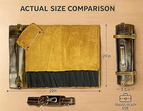 Miniatura 2 de RUSTIC TOWN Bolsa de almacenamiento de cuero para cuchillos  11 bolsillos elásticos y expandibles con bolsa de herramientas  Correa de hombro