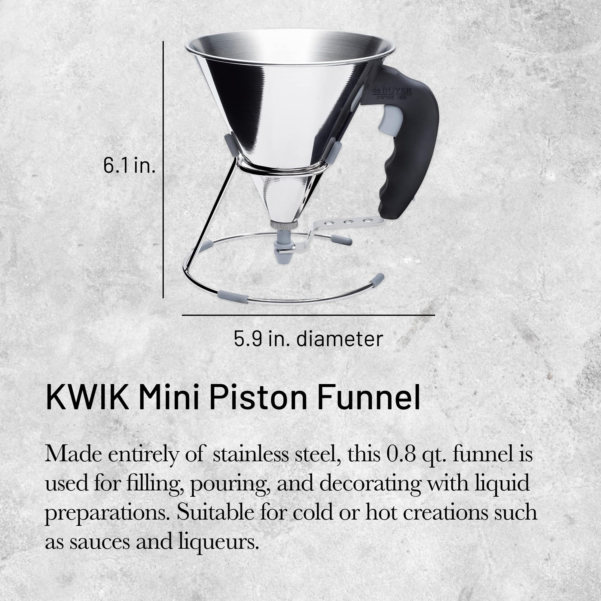 De Buyer - Entonnoir à piston avec pied KWIK en inox - 0,8 L -, Noir