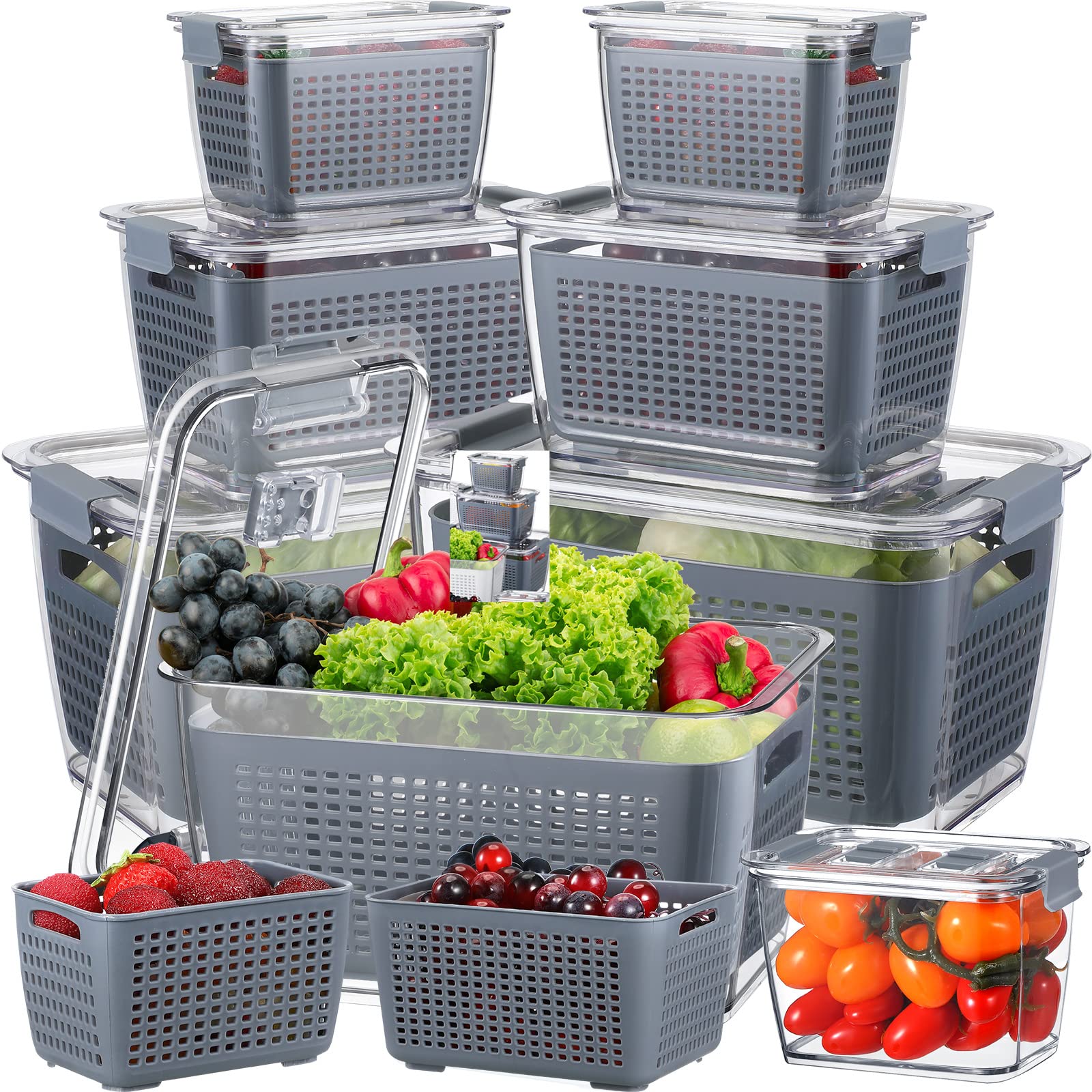 Zopeal 6 Pack Fruit Storage Containers for Fridge Produce Saver Containers for Refrigerator Fruit Containers for Fridge Keep Fresh with Lids Colander and Dividers for Salad Berry Vegetable (Gray)