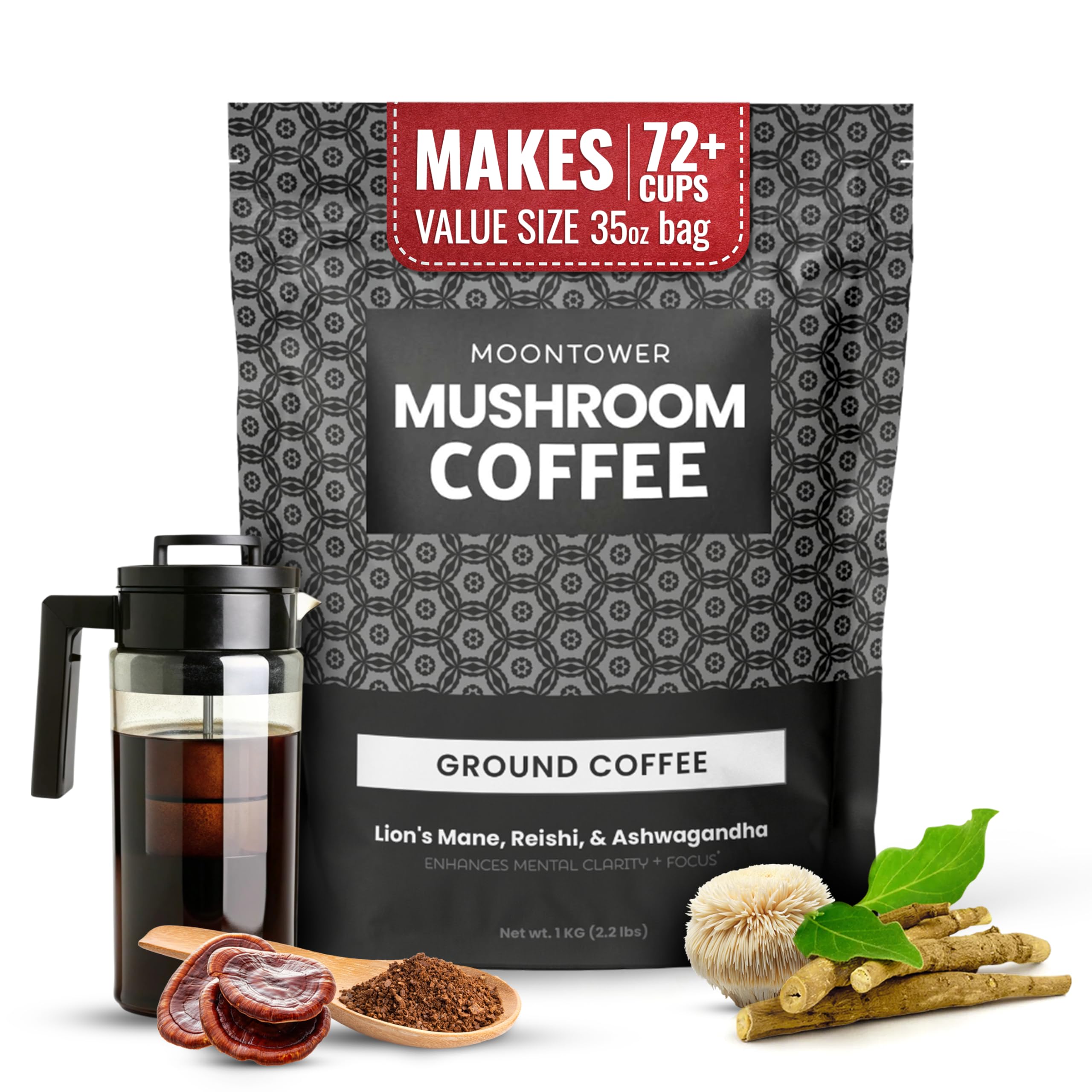 Moontower Adaptogen Coffee - Mushroom Coffee with Ashwagandha, Lions Mane, & Reishi, Organic Mushrooms Blend, Medium Roast Ground Coffee Beans -