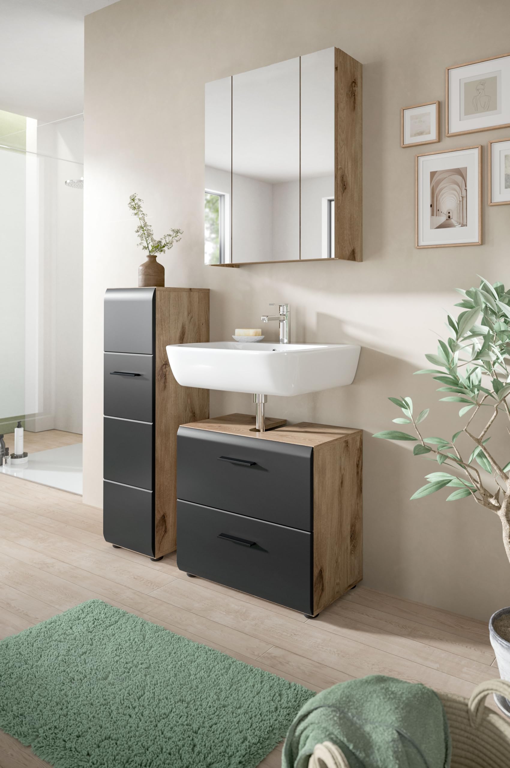 xonox.home – 3 TLG. Badezimmerkombination Ice 105x185x30 cm in Korpus Nox Oak Nachbildung und Front schwarz matt – Hochwertige Badmöbel-Kombi – modern – Bild 5