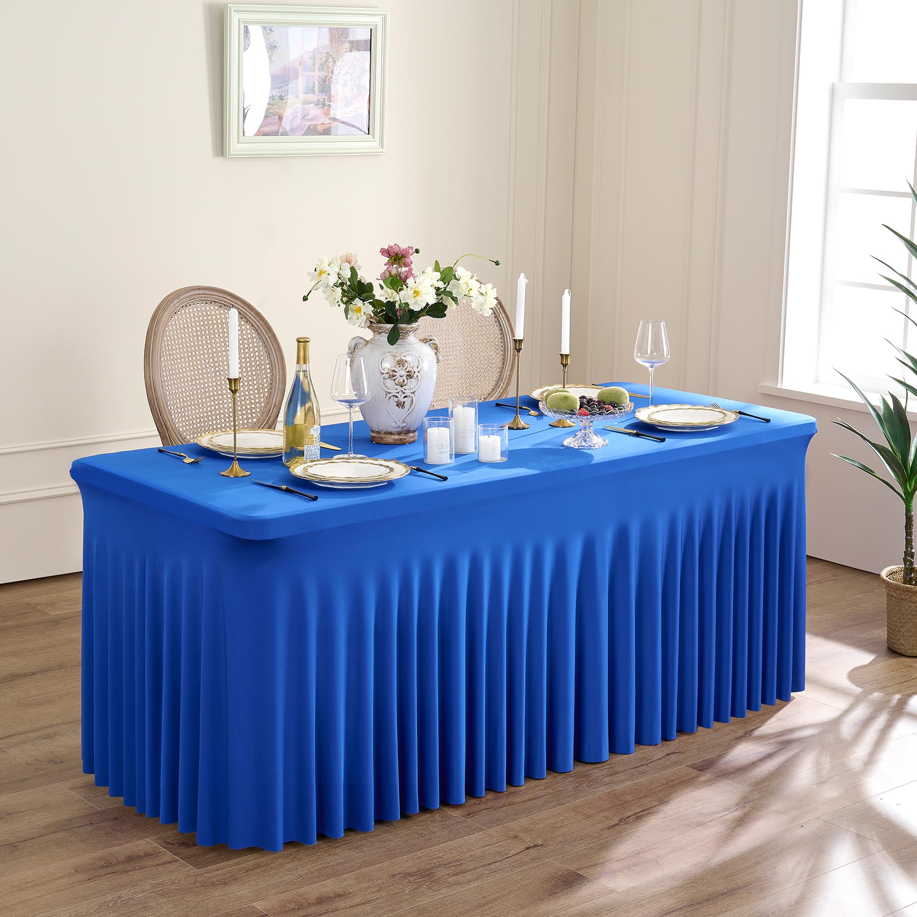 NSSONBEN 2-Pack Royal Blau Spandex Tischdecke für 180cm Rechteck Tische, Faltenfreie Stretch Tischdecke mit Rock für Bankett Party Hochzeit Geburtstag Meeting Display Dekoration Tischdecken