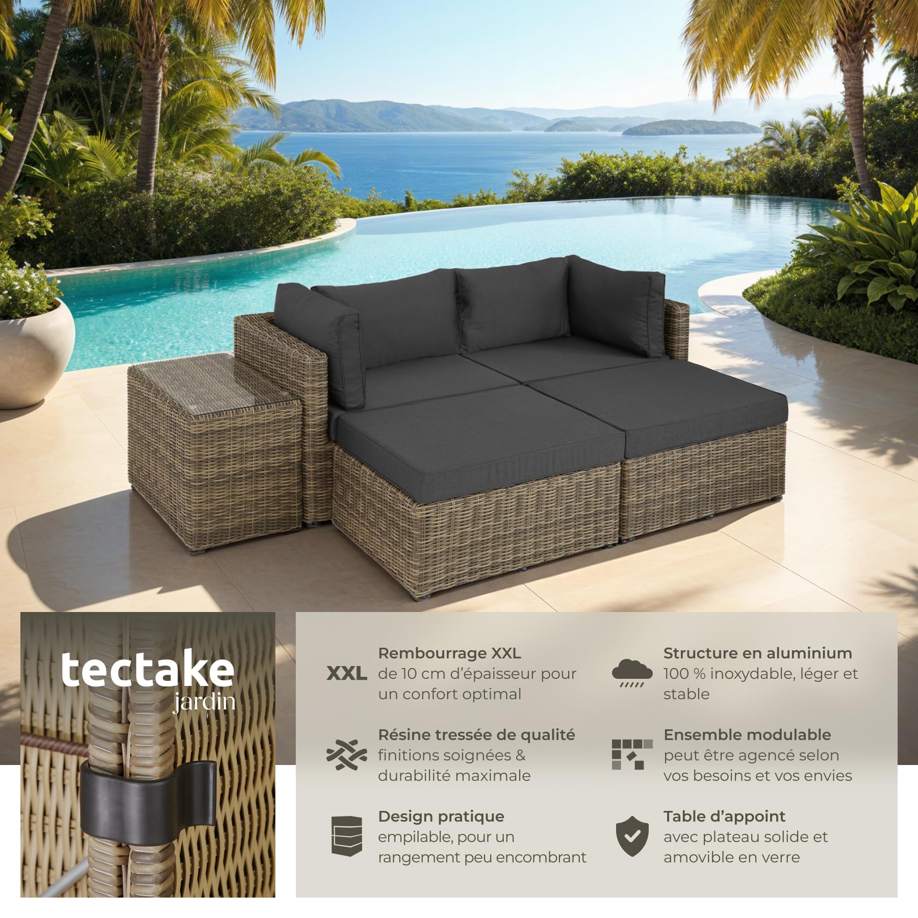 tectake® Ensemble Salon de Jardin Exterieur Modulable Canapé Bain de Soleil en Poly Rotin et Aluminium 4 Personnes, Table de Jardin en Verre Incluse, Mobilier de Jardin pour Amenagement Balcon