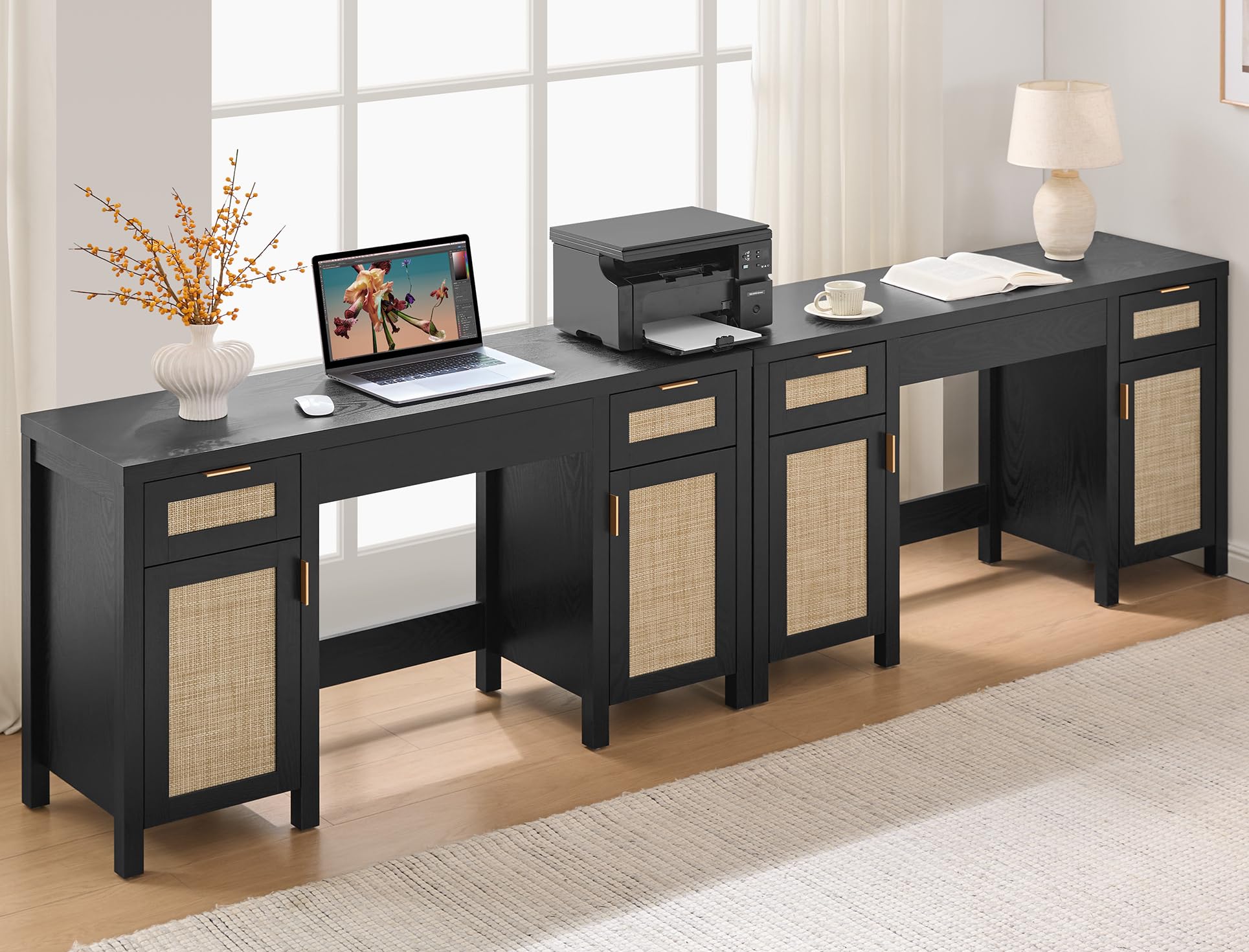 2 Pieces Rattan Vanity Home Office Desk - Big Boho Makeup Vanities Benches with Drawers & Storage Cabinets, Dressing Vanity Table for Makeup Room, Home Office, Black Oak