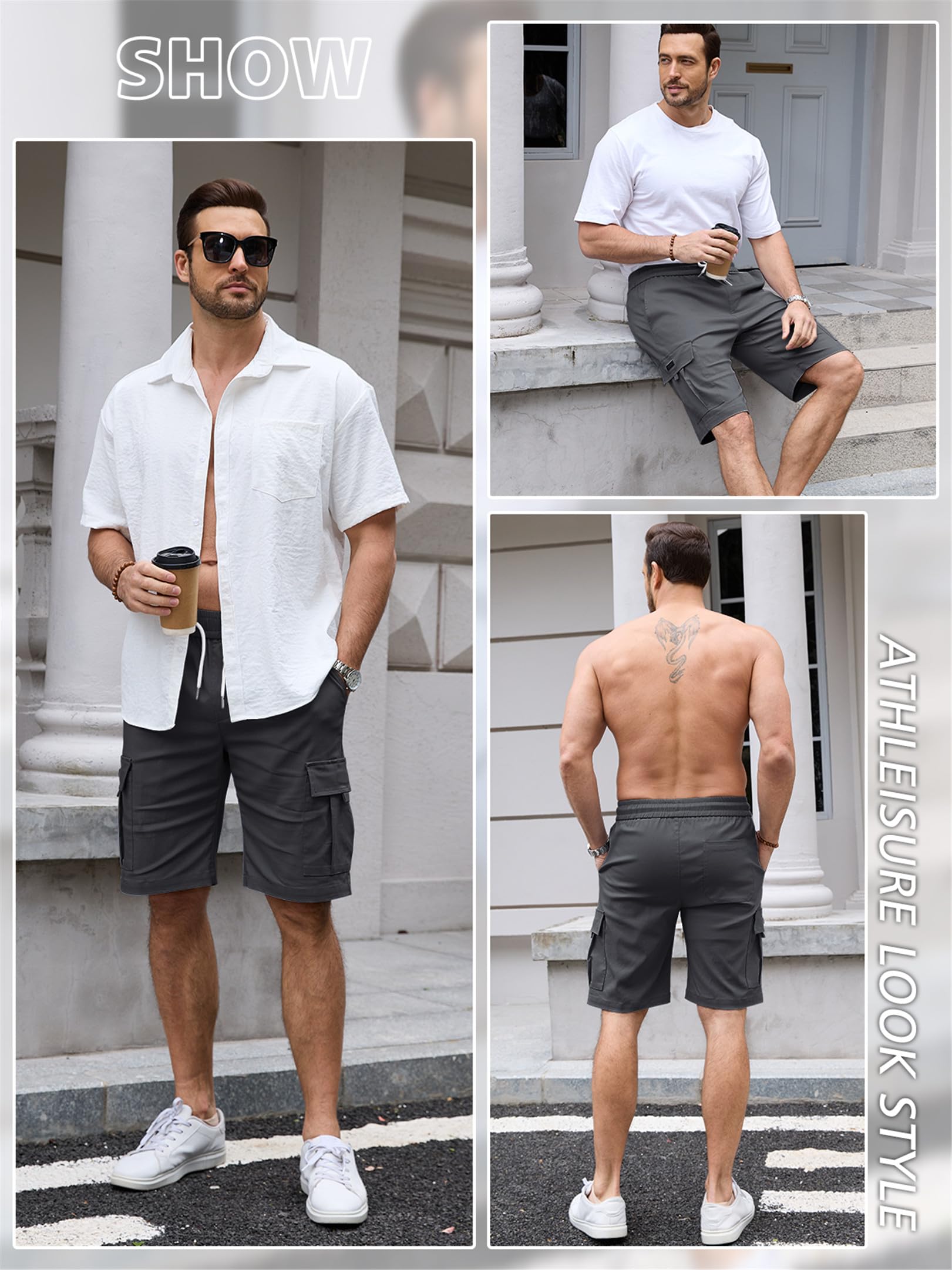 Tolaler Shorts Homme Ete Bermuda Casual Short Cargo Sport Taille Elastique Décontracté Travail avec Poches Running Randonnée